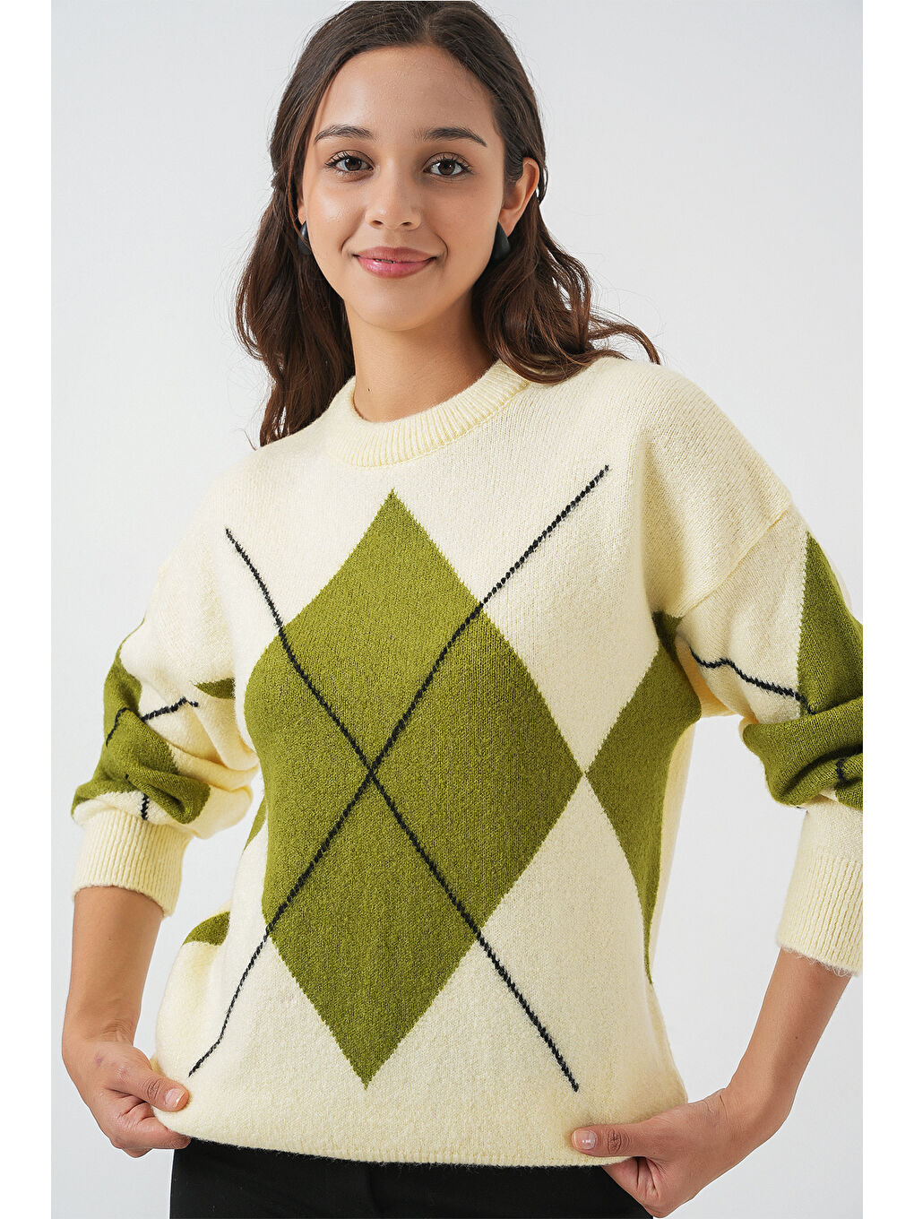 15895 Baklava Desenli Oversize Triko Kazak - Açık Sarı-4