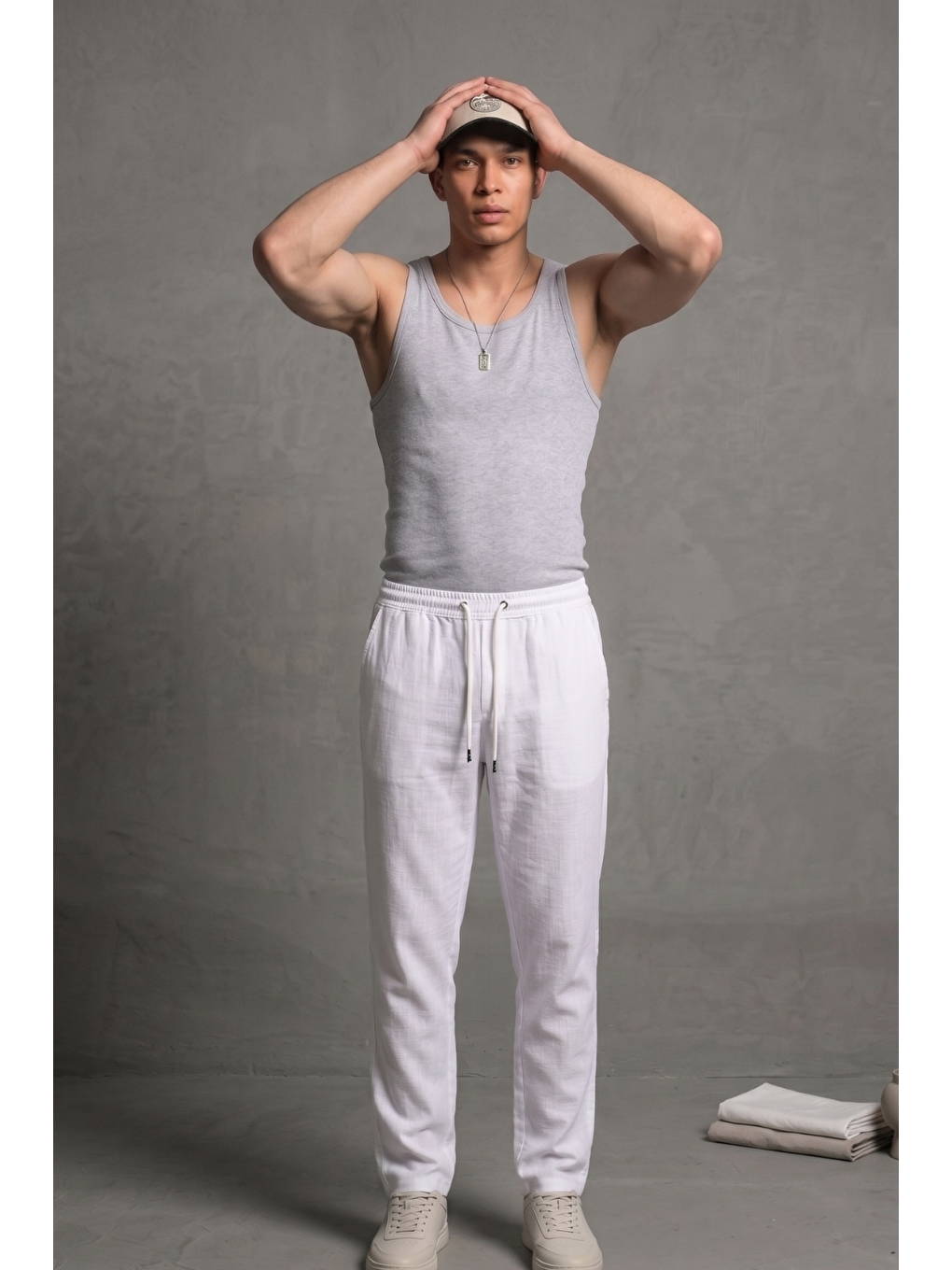 Erkek Esnek Casual Beyaz Baggy Pantolon-2
