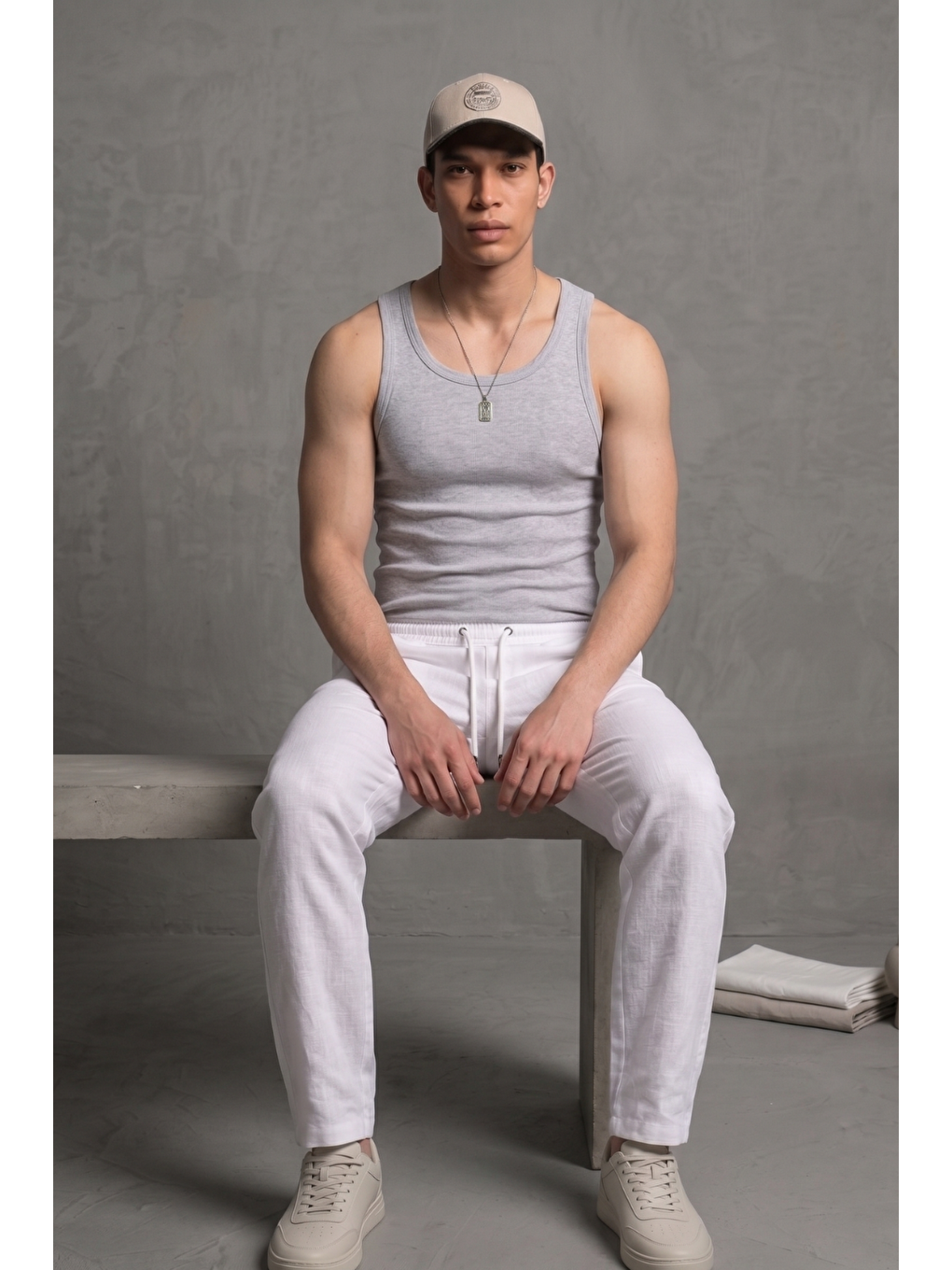 Erkek Esnek Casual Beyaz Baggy Pantolon-3