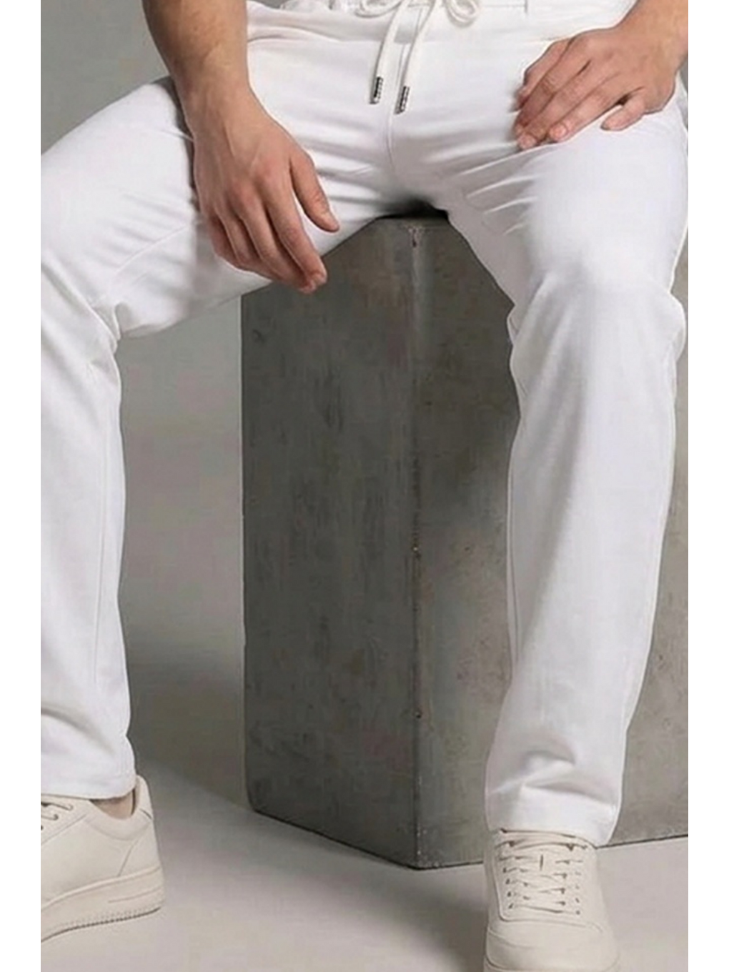 Erkek Esnek Casual Beyaz Baggy Pantolon-4