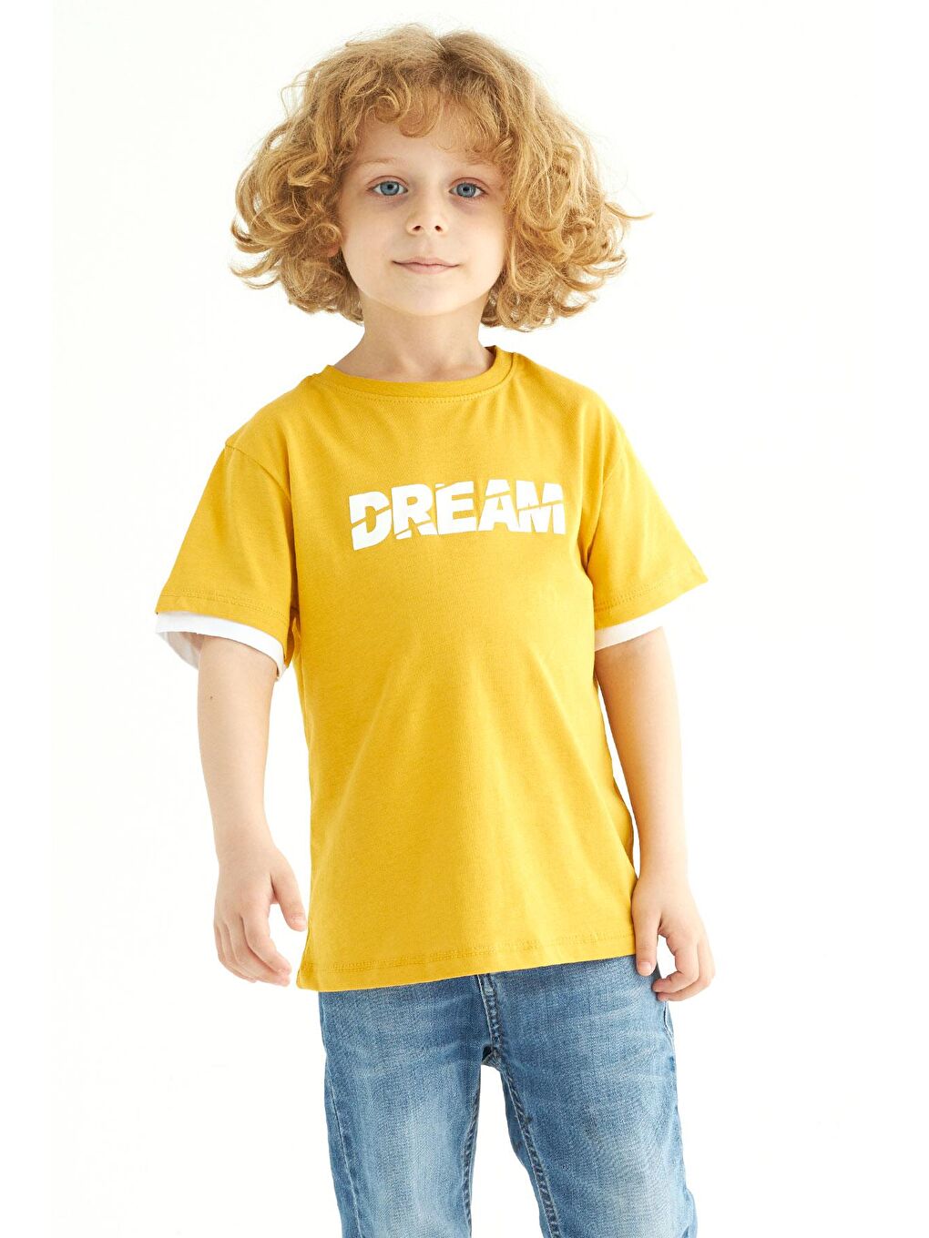 Sarı Bisiklet Yaka Kısa Kol Dreams Baskılı Kısa Kol Hardal Renk Erkek Çocuk Tshirt