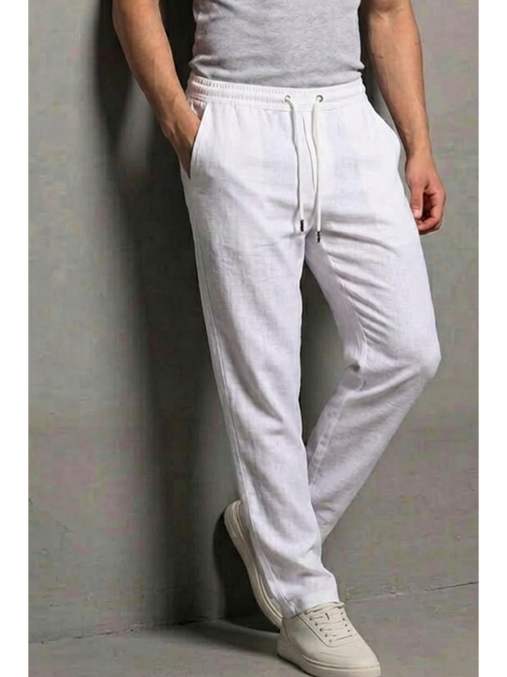 Erkek Esnek Casual Beyaz Baggy Pantolon-5