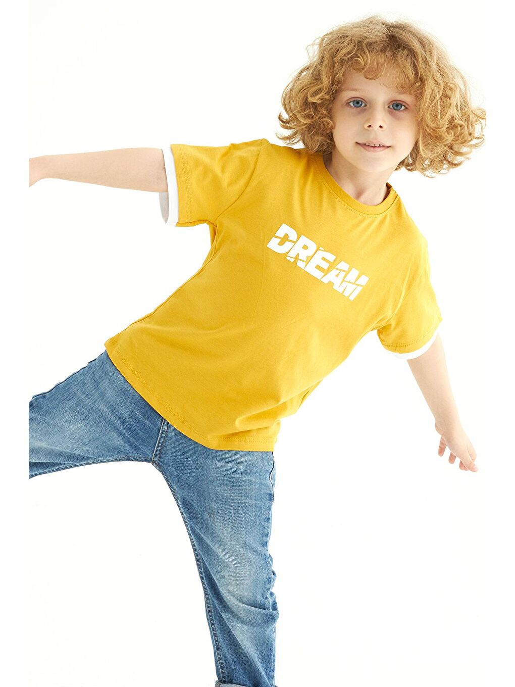 Sarı Bisiklet Yaka Kısa Kol Dreams Baskılı Kısa Kol Hardal Renk Erkek Çocuk Tshirt-1