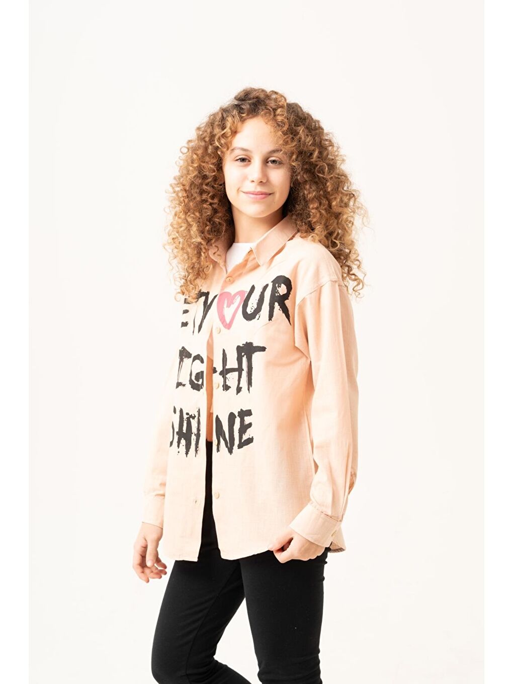 Turuncu Kız Çocuk Yazı Baskılı Gömlek P1039-1