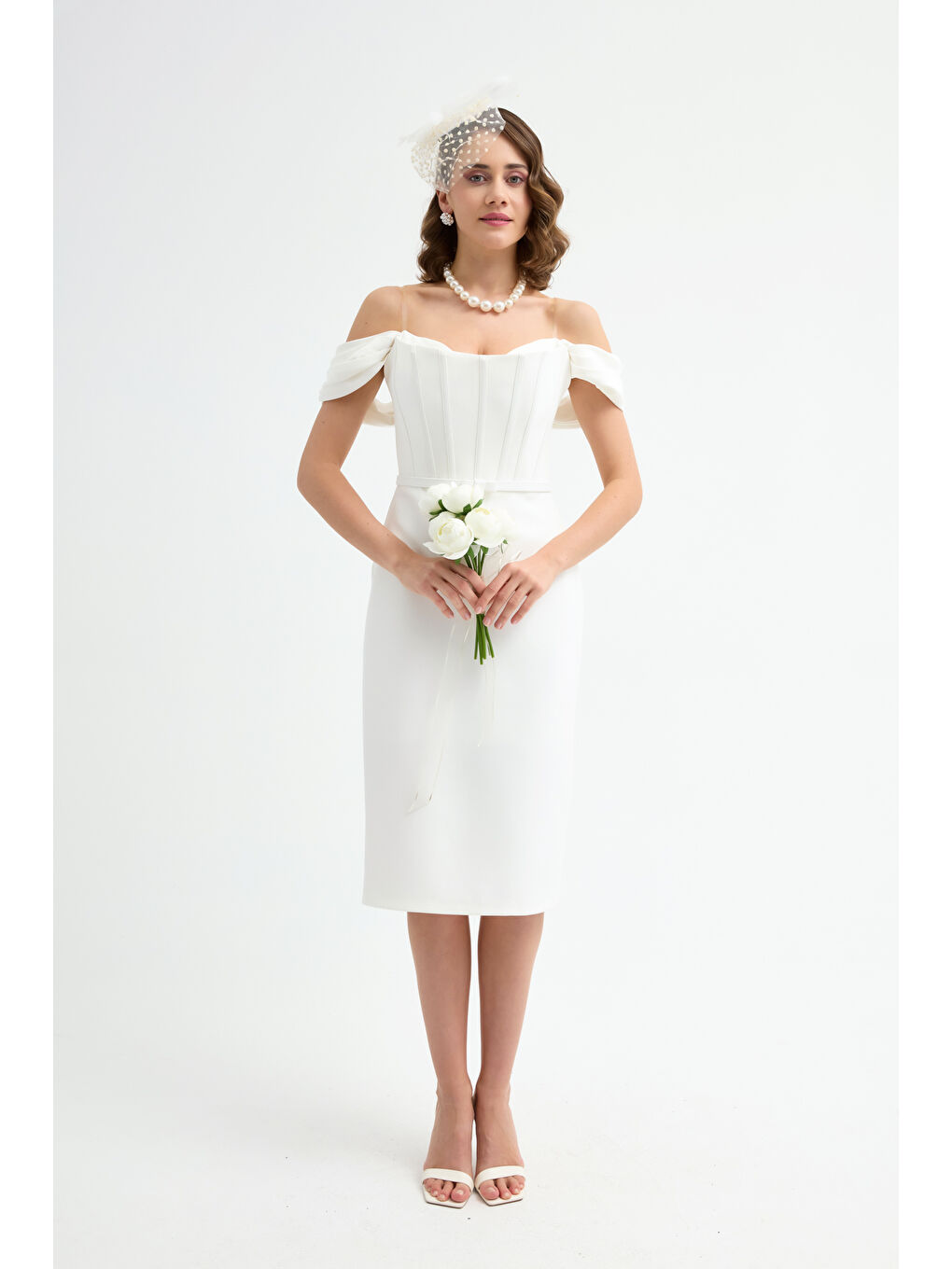 Kadın Beyaz Korse Detaylı Midi Kalem Abiye Elbise-1