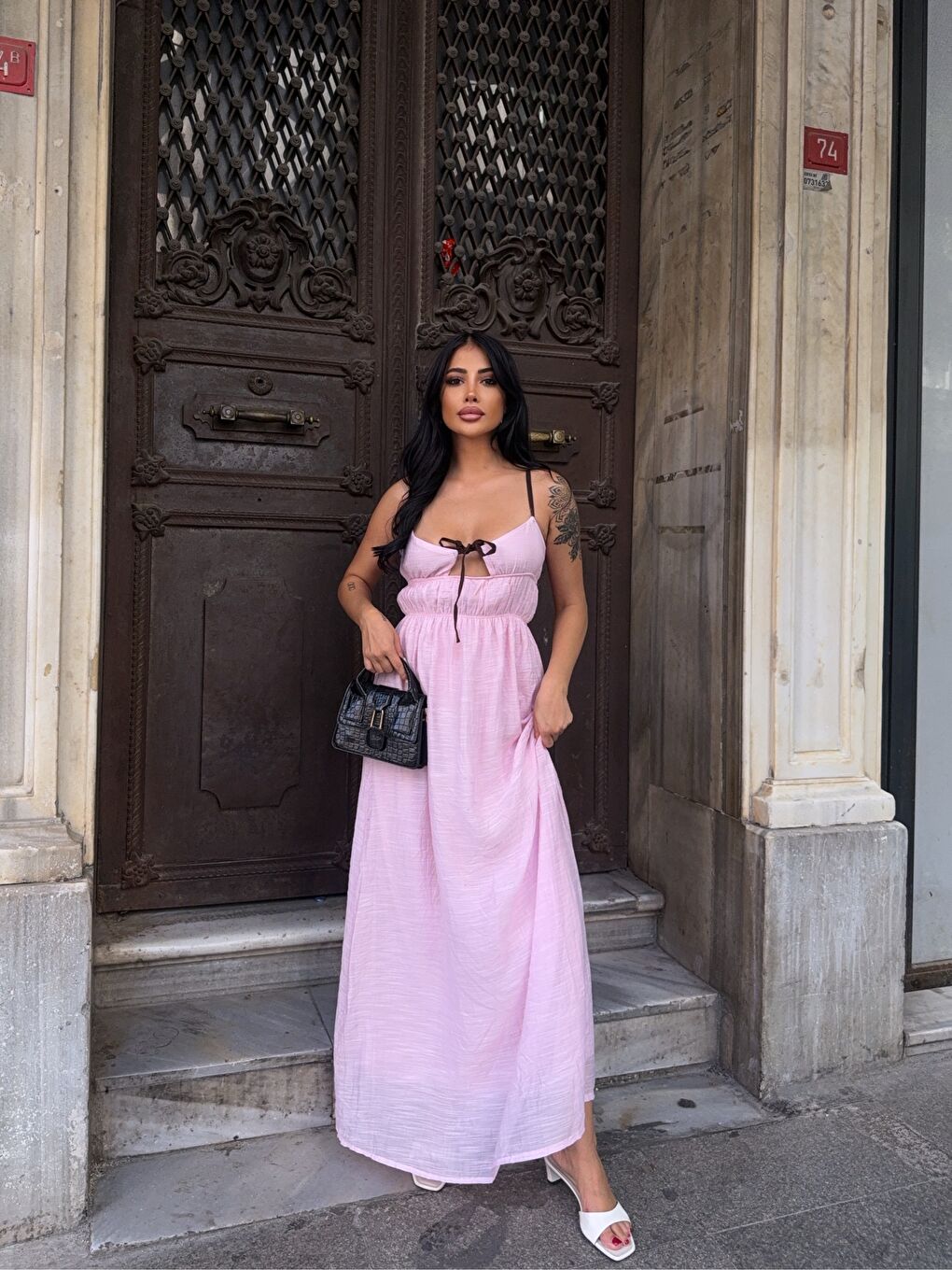 Askılı Göğüs Bağlama Detay Keten Elbise Pembe-2