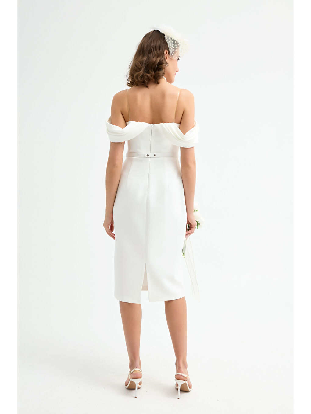 Kadın Beyaz Korse Detaylı Midi Kalem Abiye Elbise-4