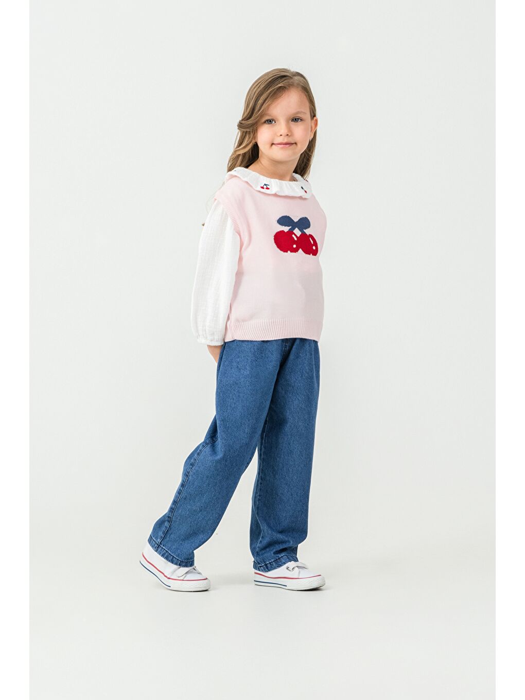 Pembe Kız Çocuk Triko Kazak-Gömlek-Jean Pantolon 3'lü Takım-2