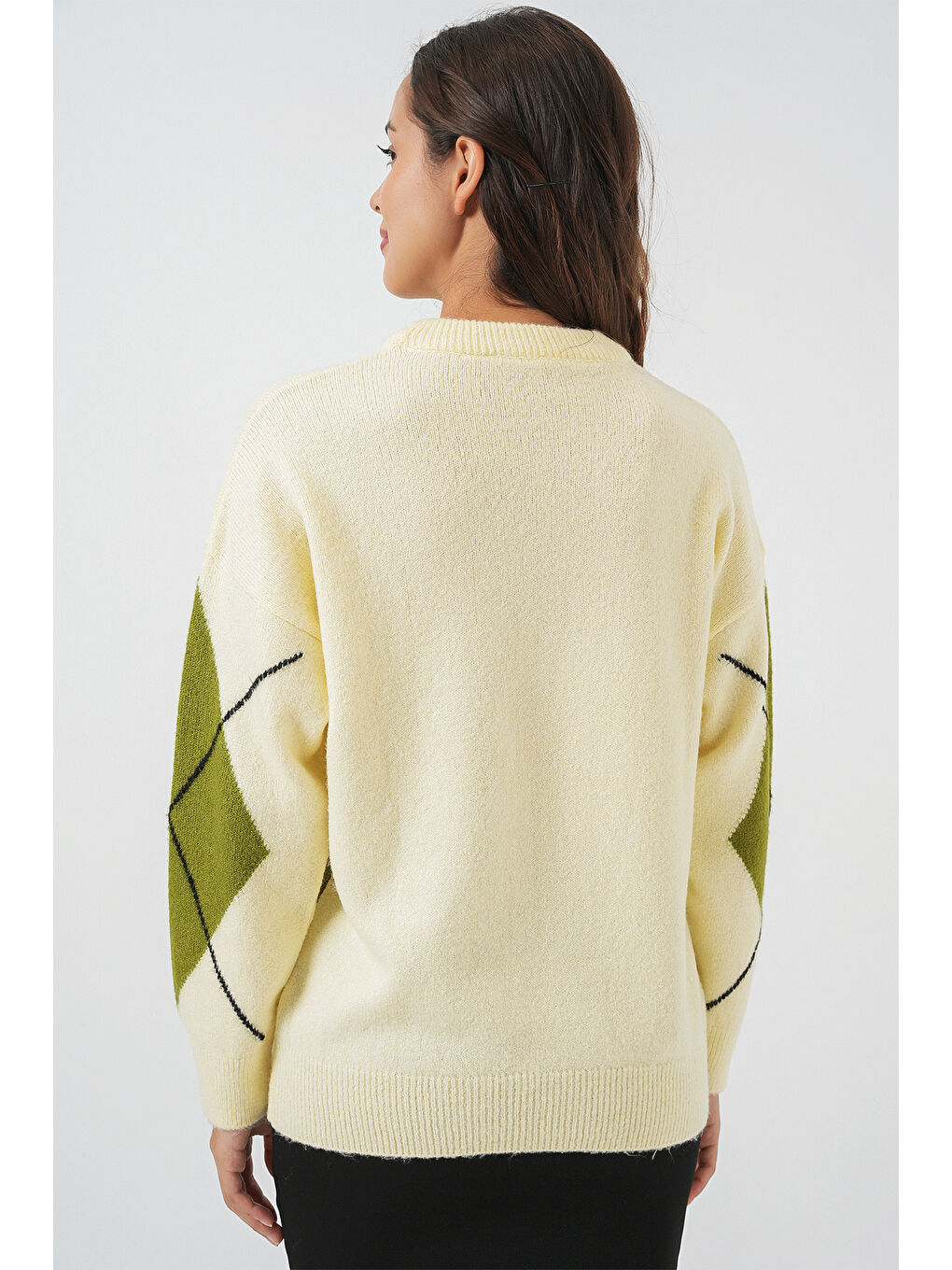 15895 Baklava Desenli Oversize Triko Kazak - Açık Sarı-5