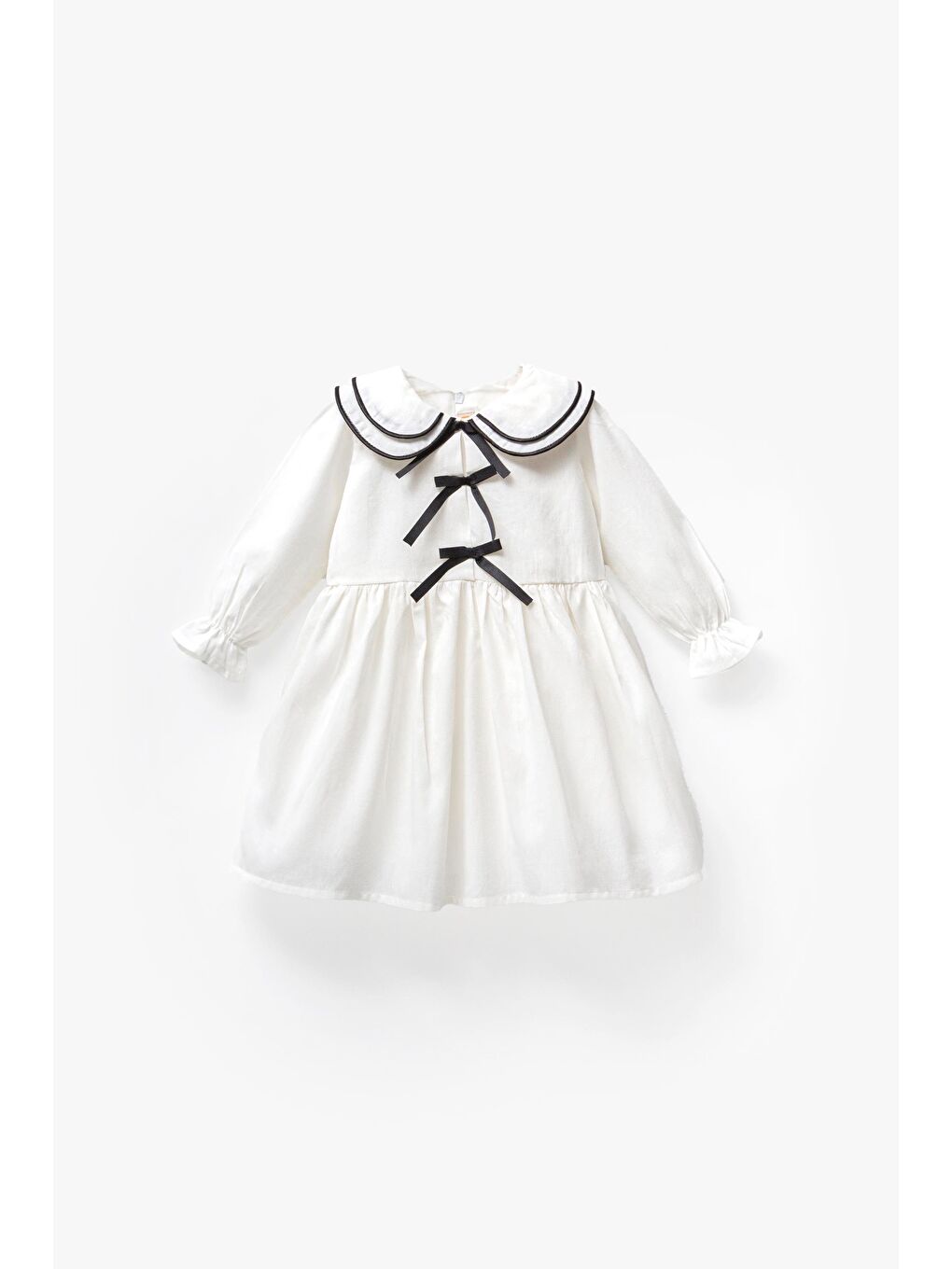 Kız Çocuk Beyaz Bebe Yaka Fiyonk Desenli Elbise