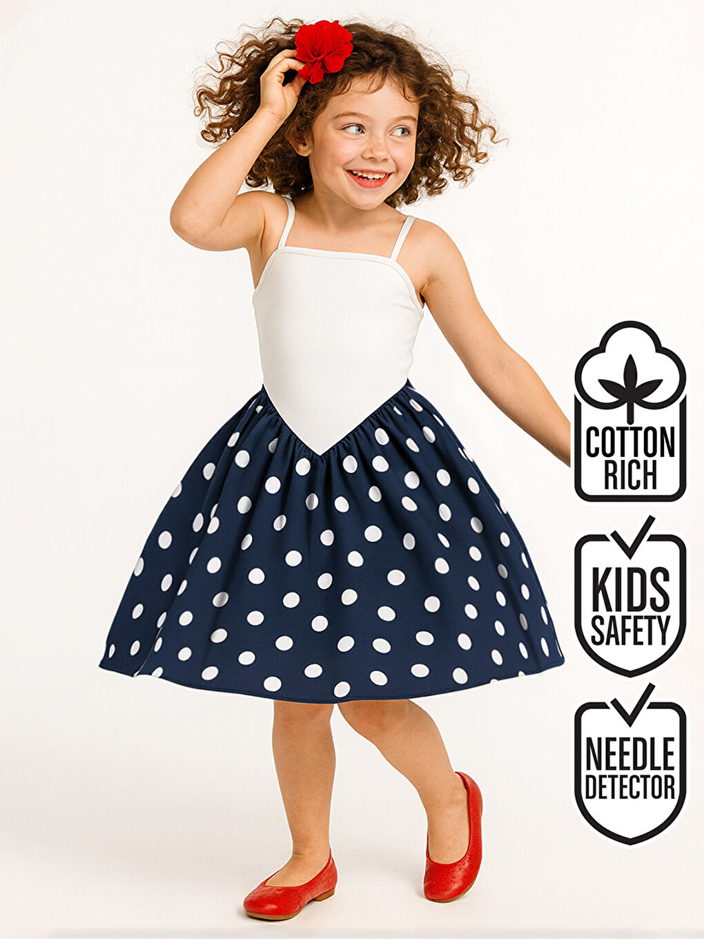 Lacivert Beyaz Puantiye Kız Çocuk Elbise