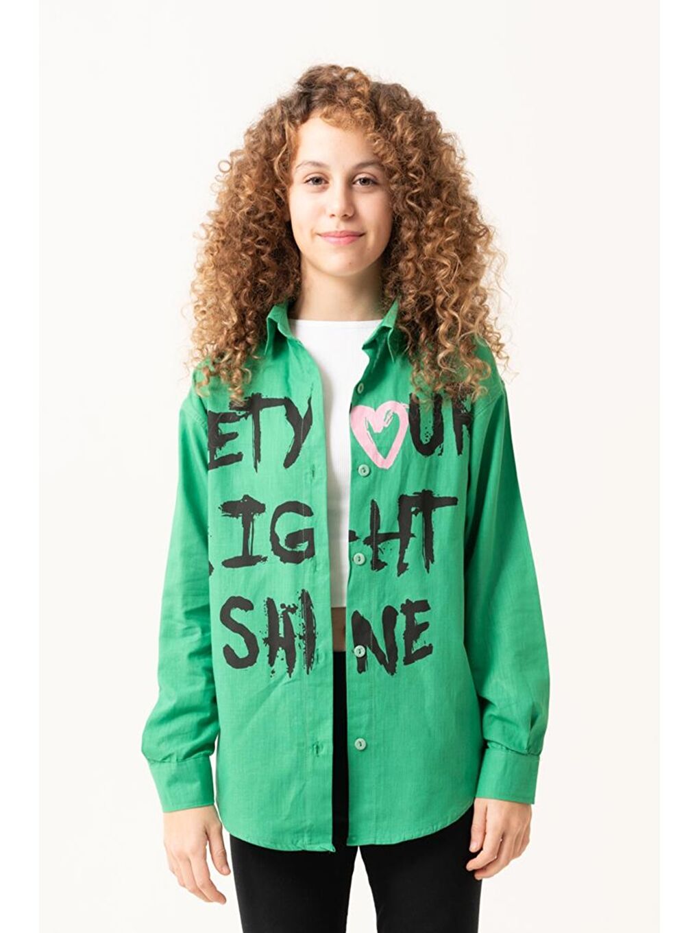 Yeşil Kız Çocuk Yazı Baskılı Gömlek P1039