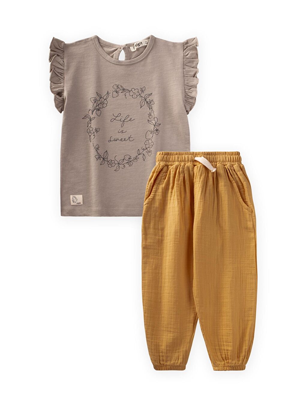 Bej Kız Çocuk Baskılı Çiçek Müslin Takım