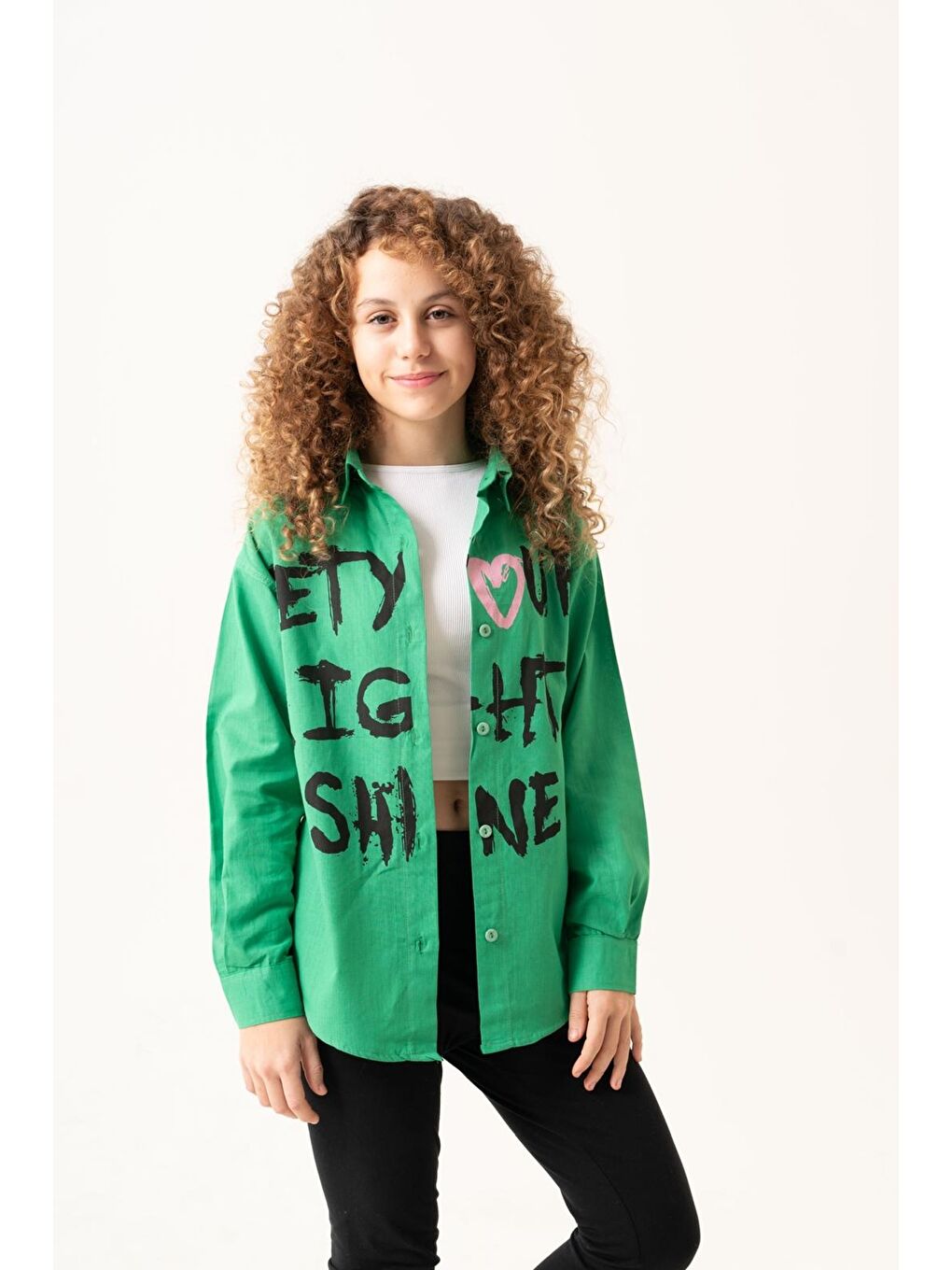 Yeşil Kız Çocuk Yazı Baskılı Gömlek P1039-1