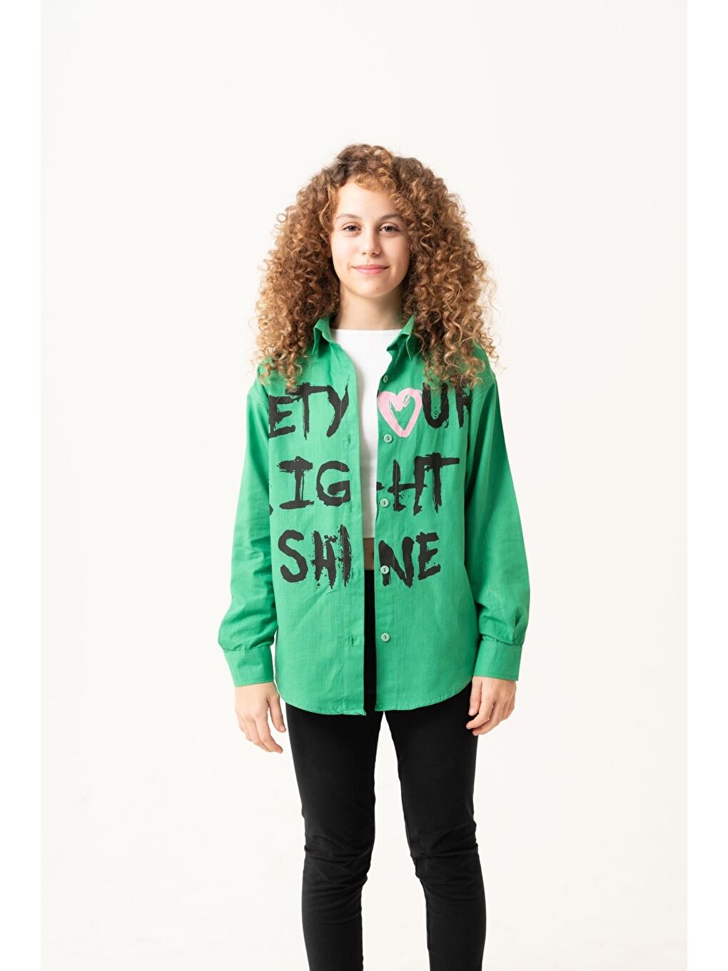 Yeşil Kız Çocuk Yazı Baskılı Gömlek P1039-2