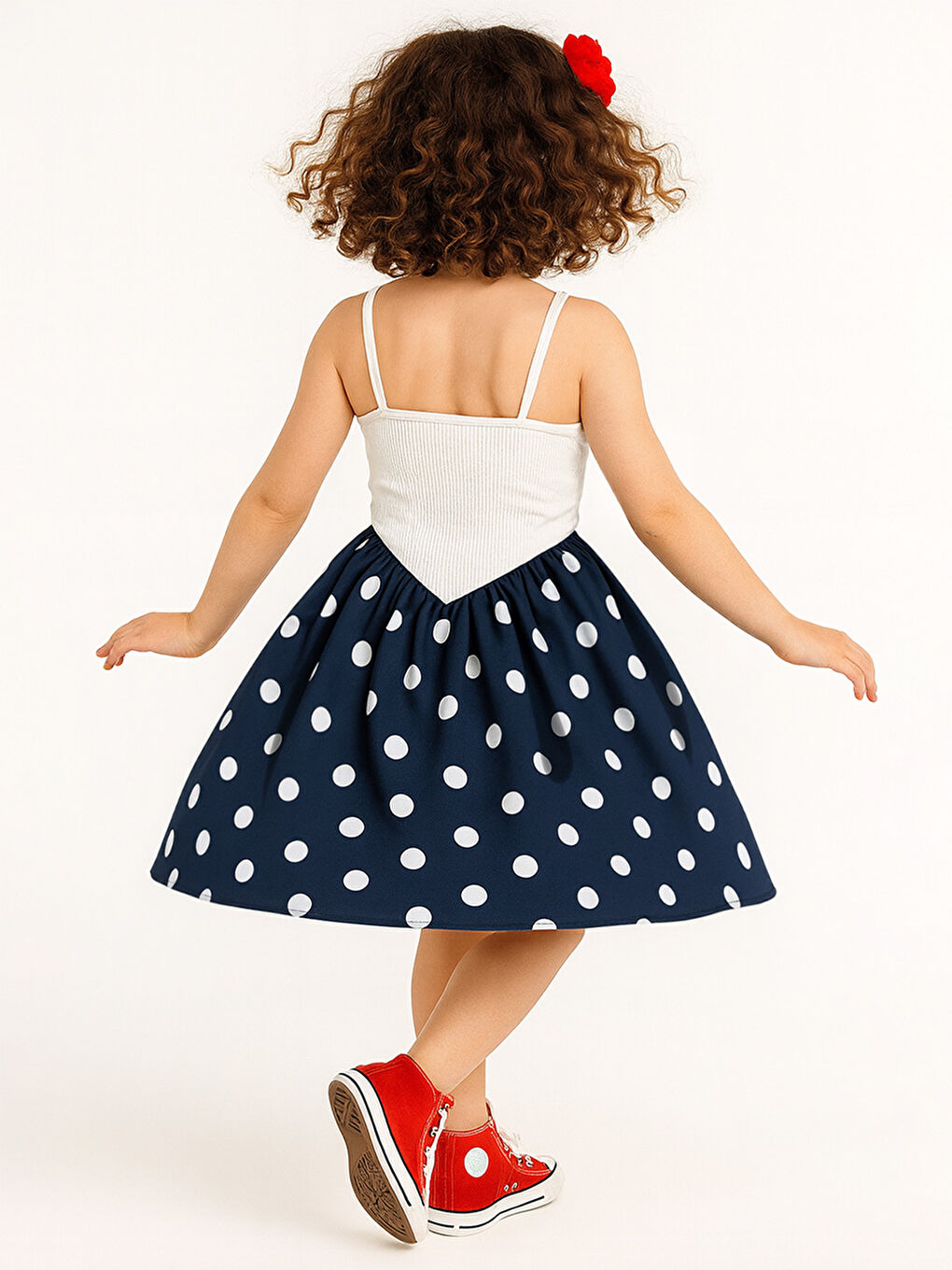 Lacivert Beyaz Puantiye Kız Çocuk Elbise-1