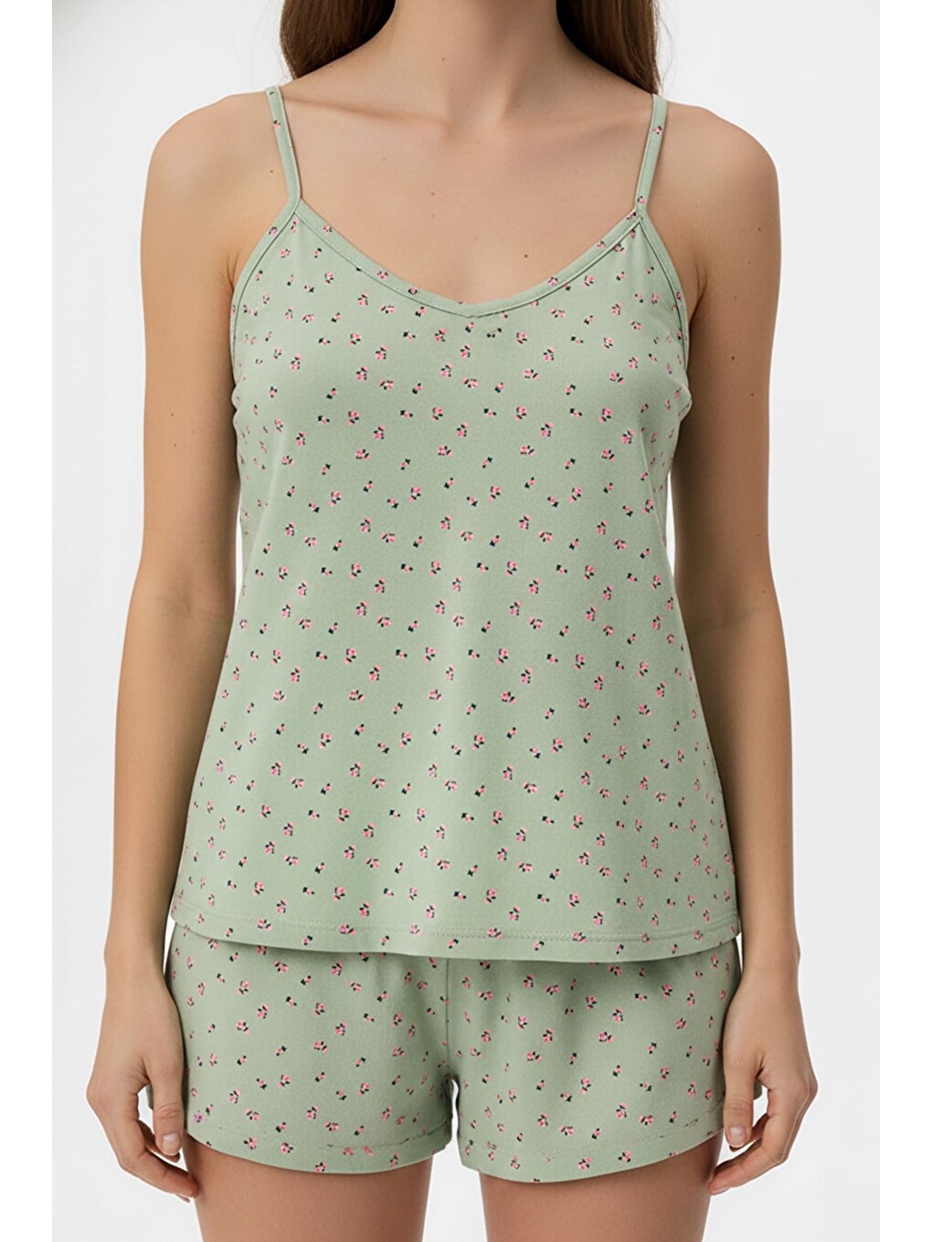 Yeşil Kadın İp Askılı Yumuşak Dokulu Çiçek Desenli Şortlu Pijama Takım | Mint 70111-142-1