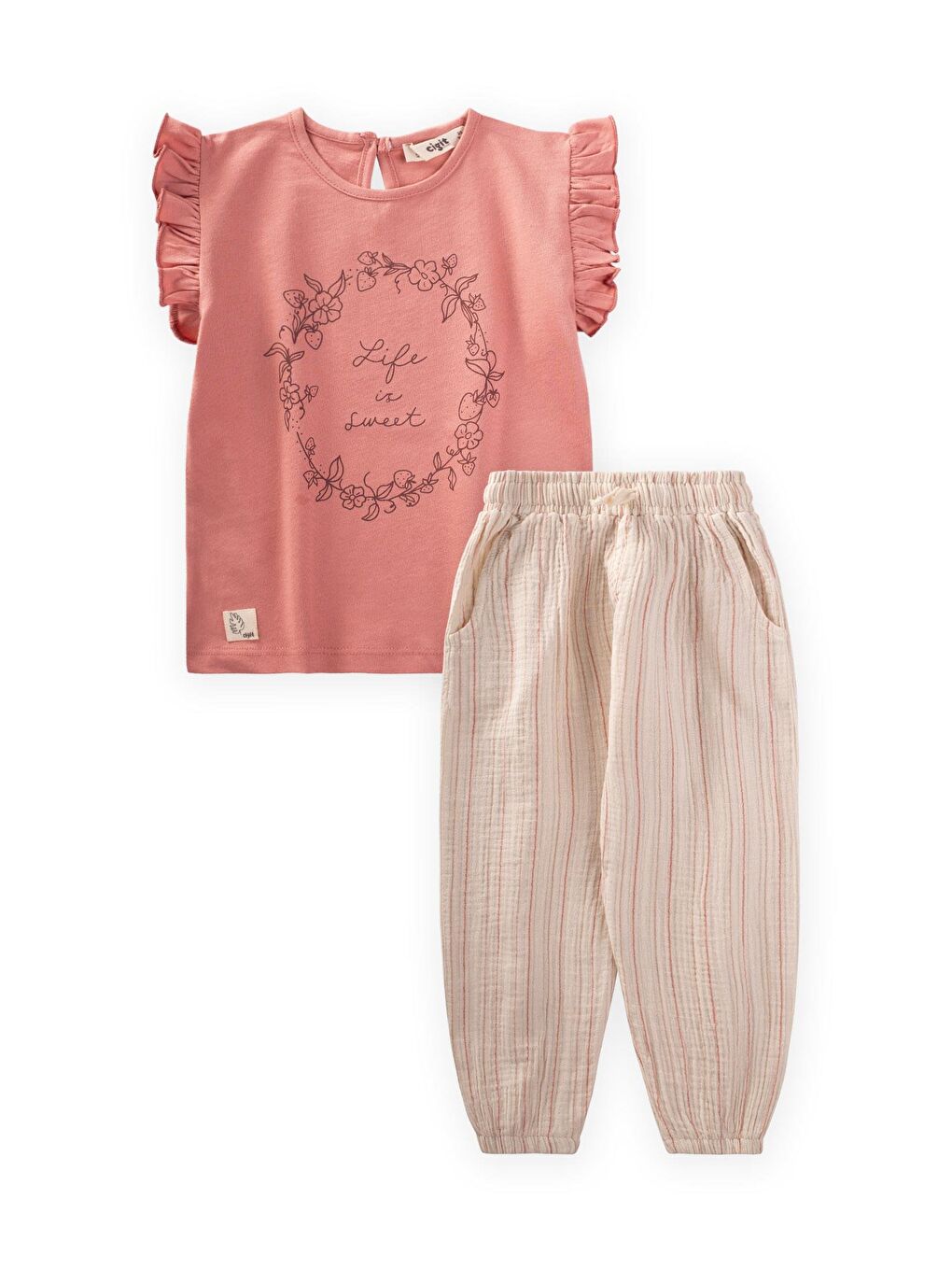 Çiçek Baskılı Müslin Pantolonlu T-Shırt Takım 2-10 Yaş K Pembe