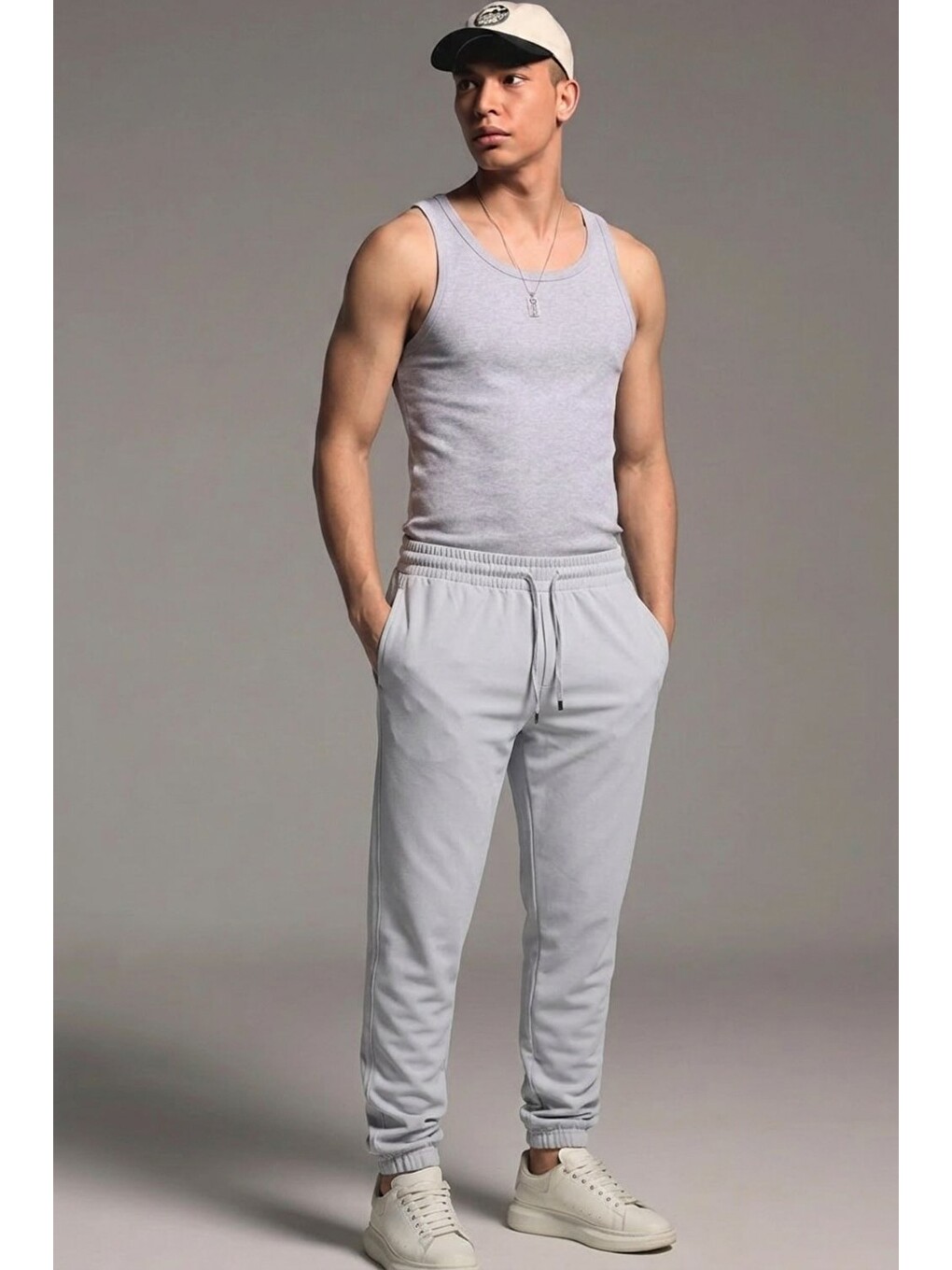 Beyaz Erkek Esnek Casual Açık Gri Baggy Pantolon