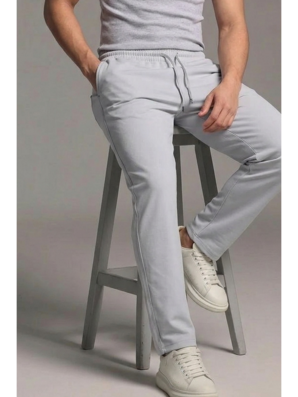Beyaz Erkek Esnek Casual Açık Gri Baggy Pantolon-1