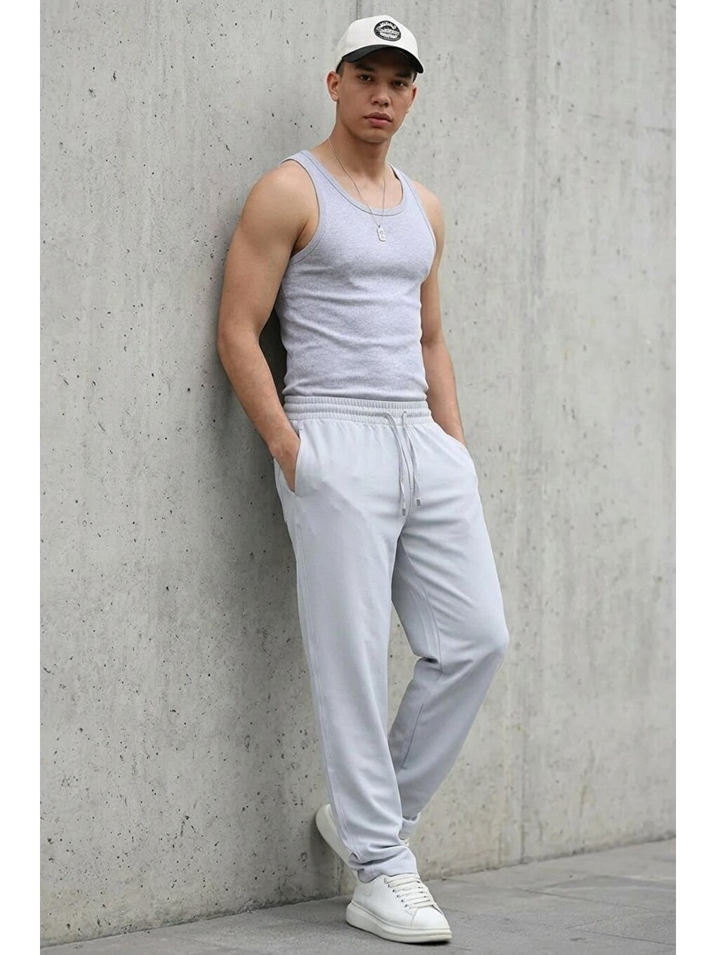 Beyaz Erkek Esnek Casual Açık Gri Baggy Pantolon-2