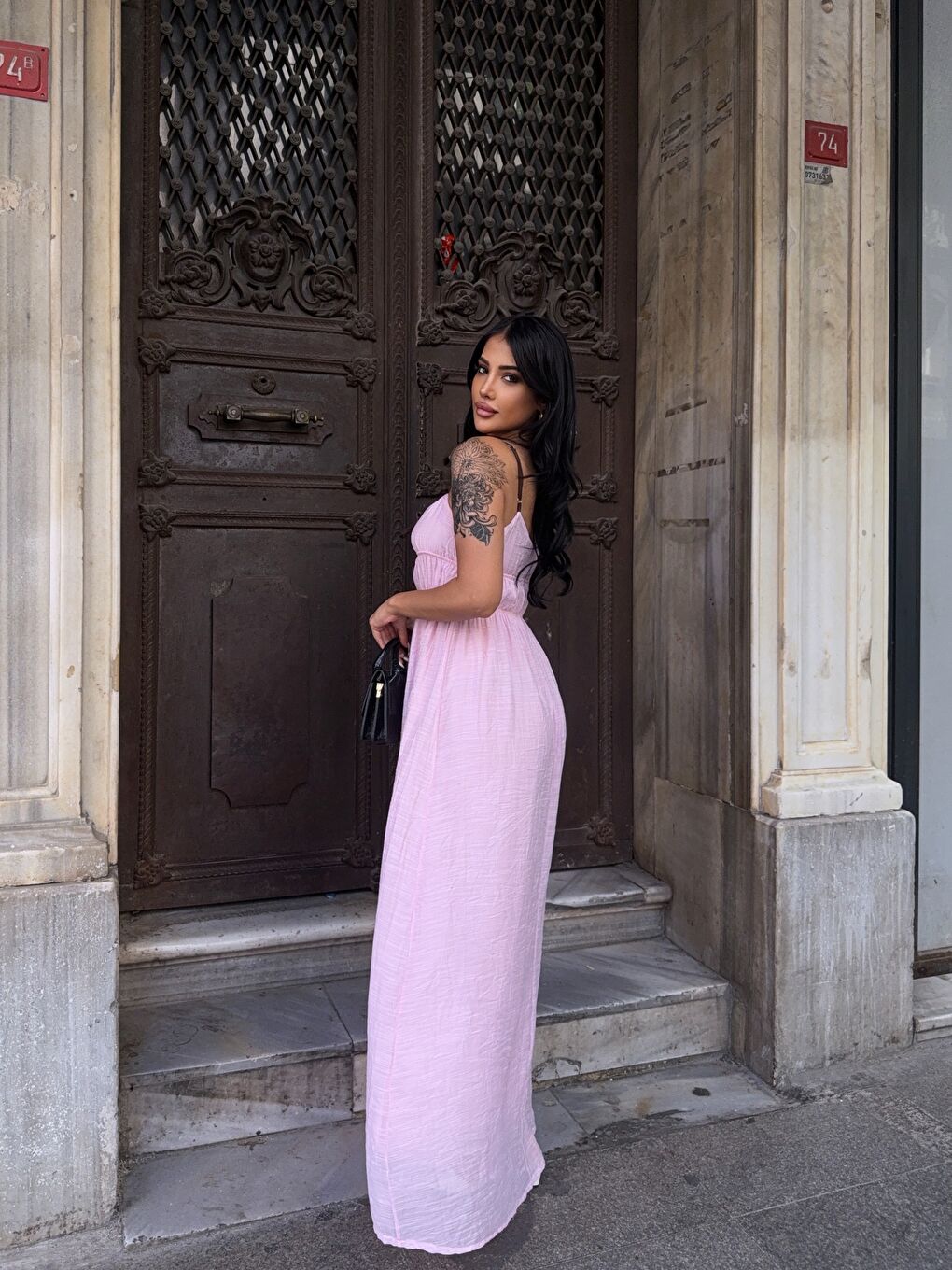 Askılı Göğüs Bağlama Detay Keten Elbise Pembe-3