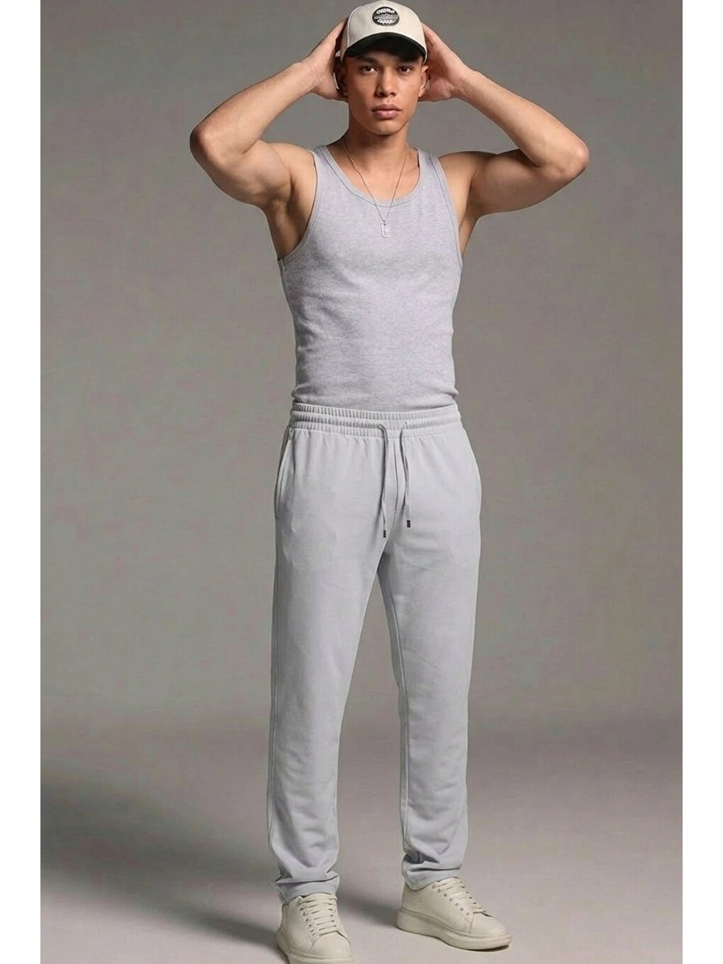 Beyaz Erkek Esnek Casual Açık Gri Baggy Pantolon-3