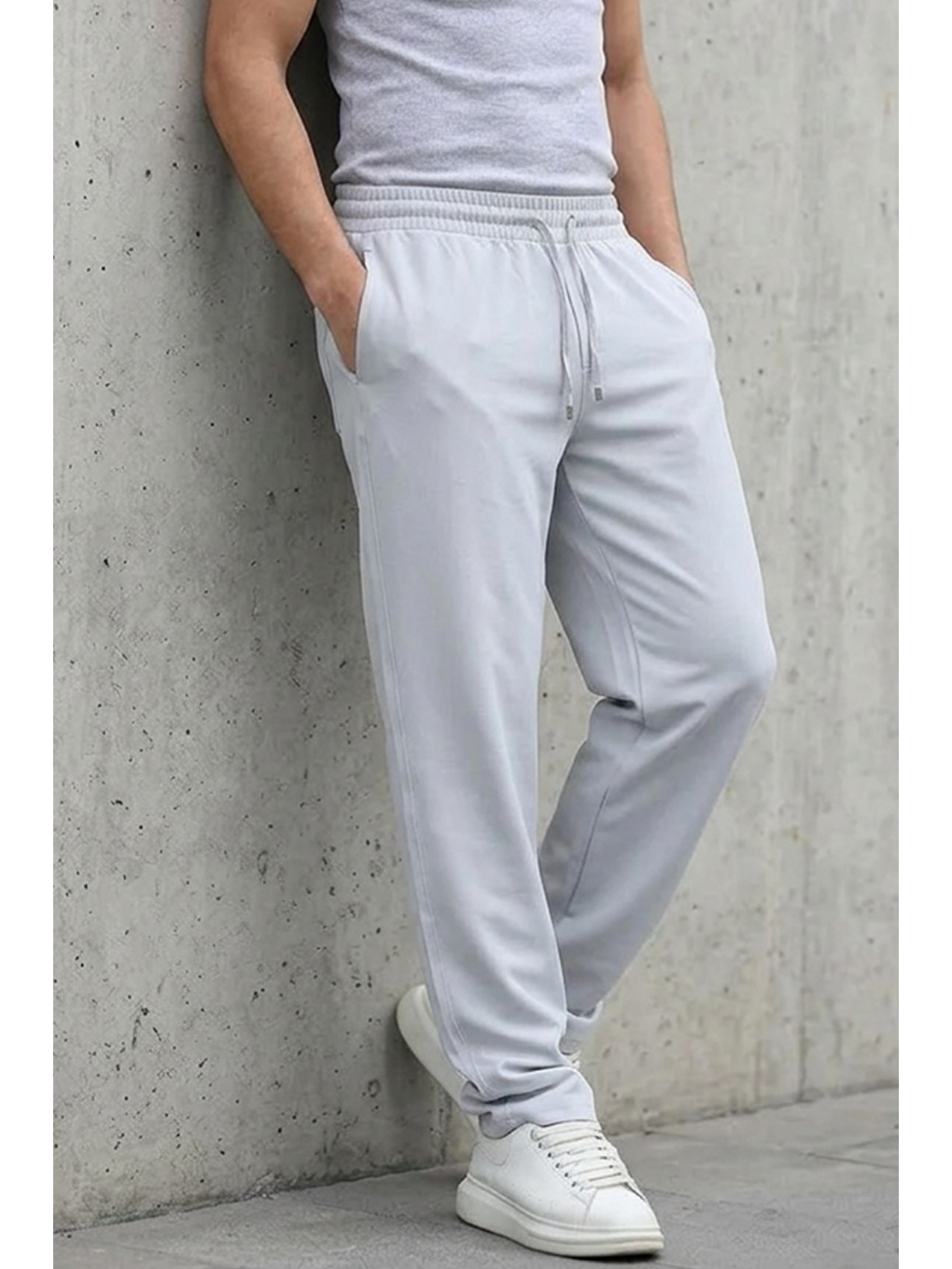 Beyaz Erkek Esnek Casual Açık Gri Baggy Pantolon-4