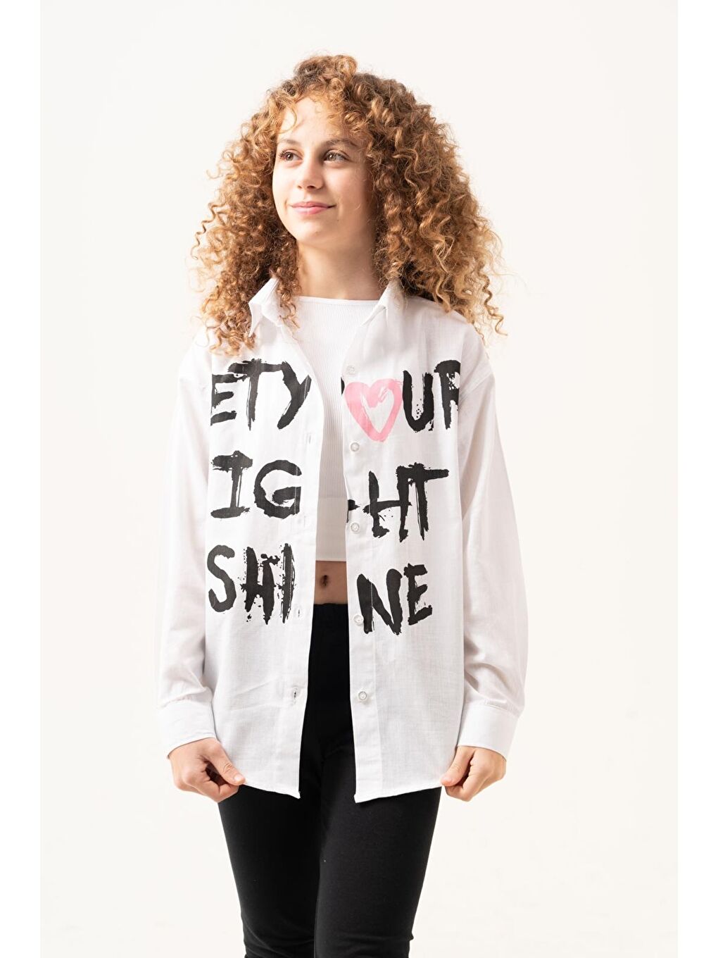 Beyaz Kız Çocuk Yazı Baskılı Gömlek P1039