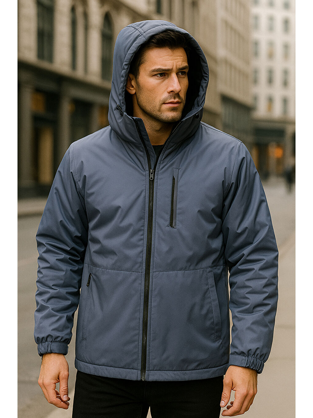 Gri Erkek Kapüşonlu Cep Detaylı İçi Polar Kışlık Mont 2571 Füme