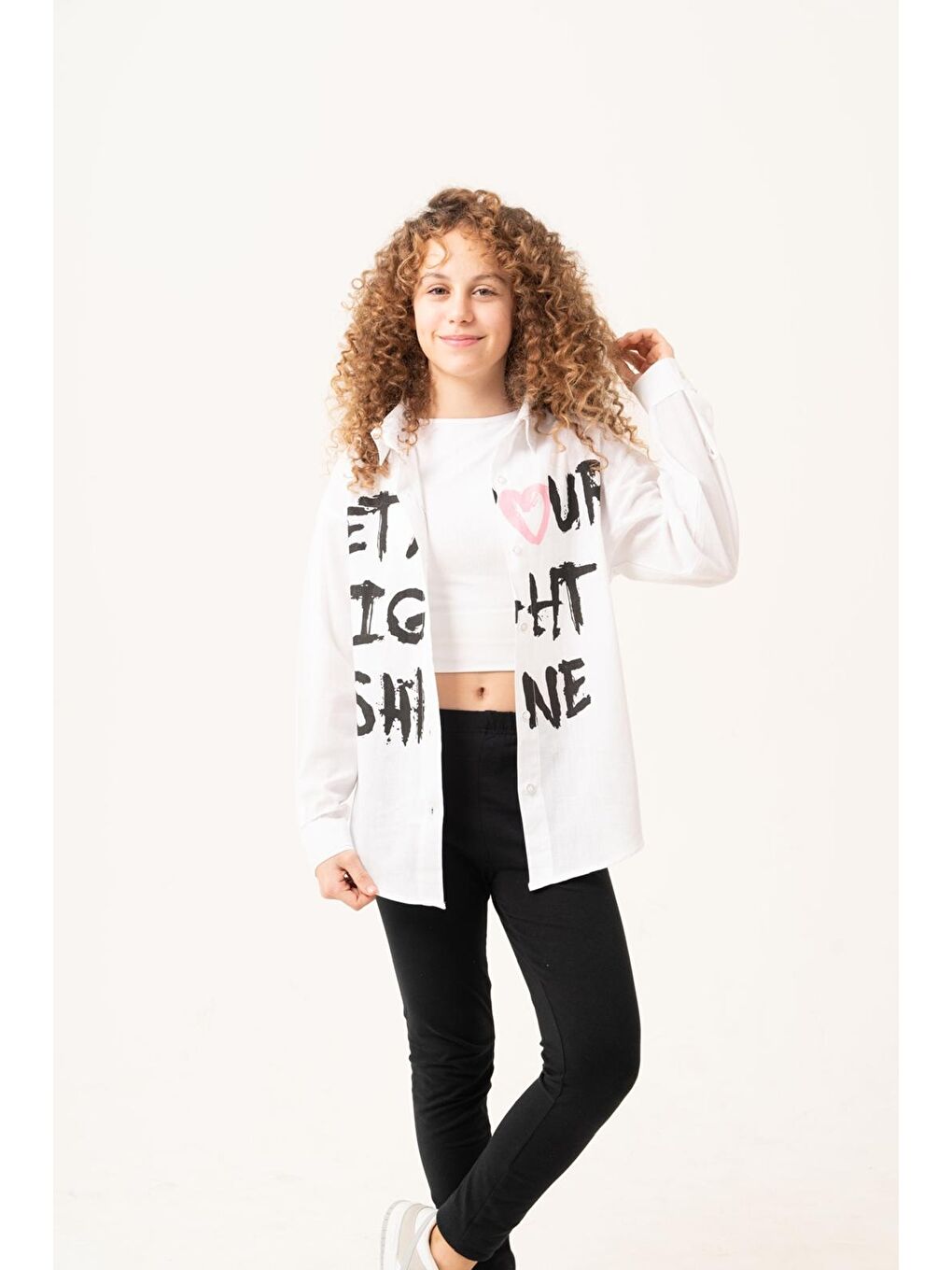 Beyaz Kız Çocuk Yazı Baskılı Gömlek P1039-2