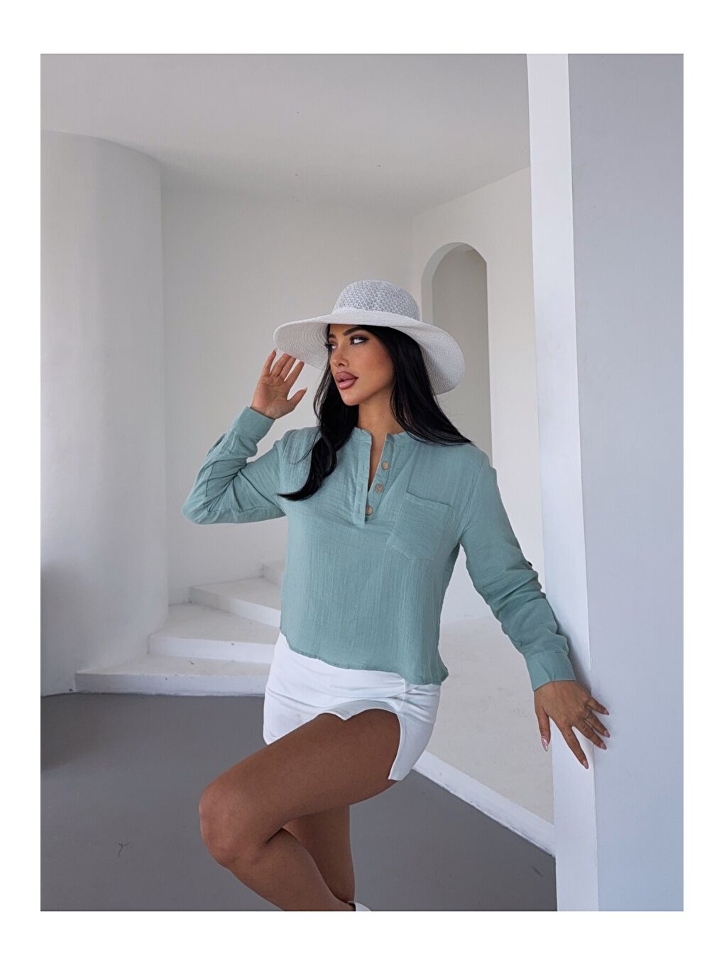 Hakim Yaka Müslin Gömlek Bluz Yeşil