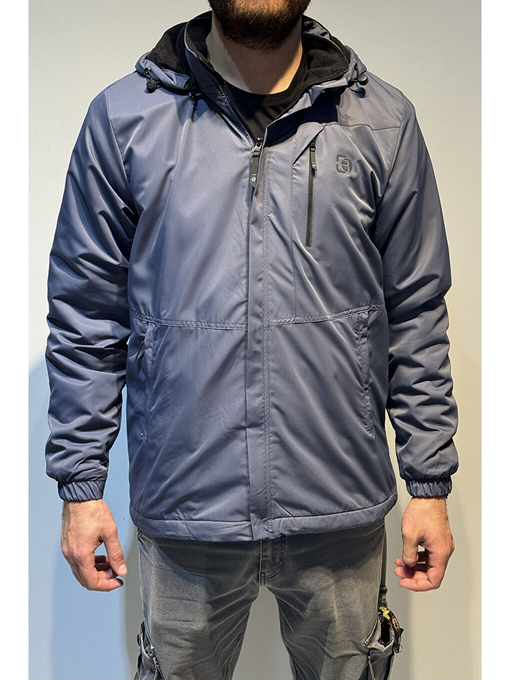 Gri Erkek Kapüşonlu Cep Detaylı İçi Polar Kışlık Mont 2571 Füme-1