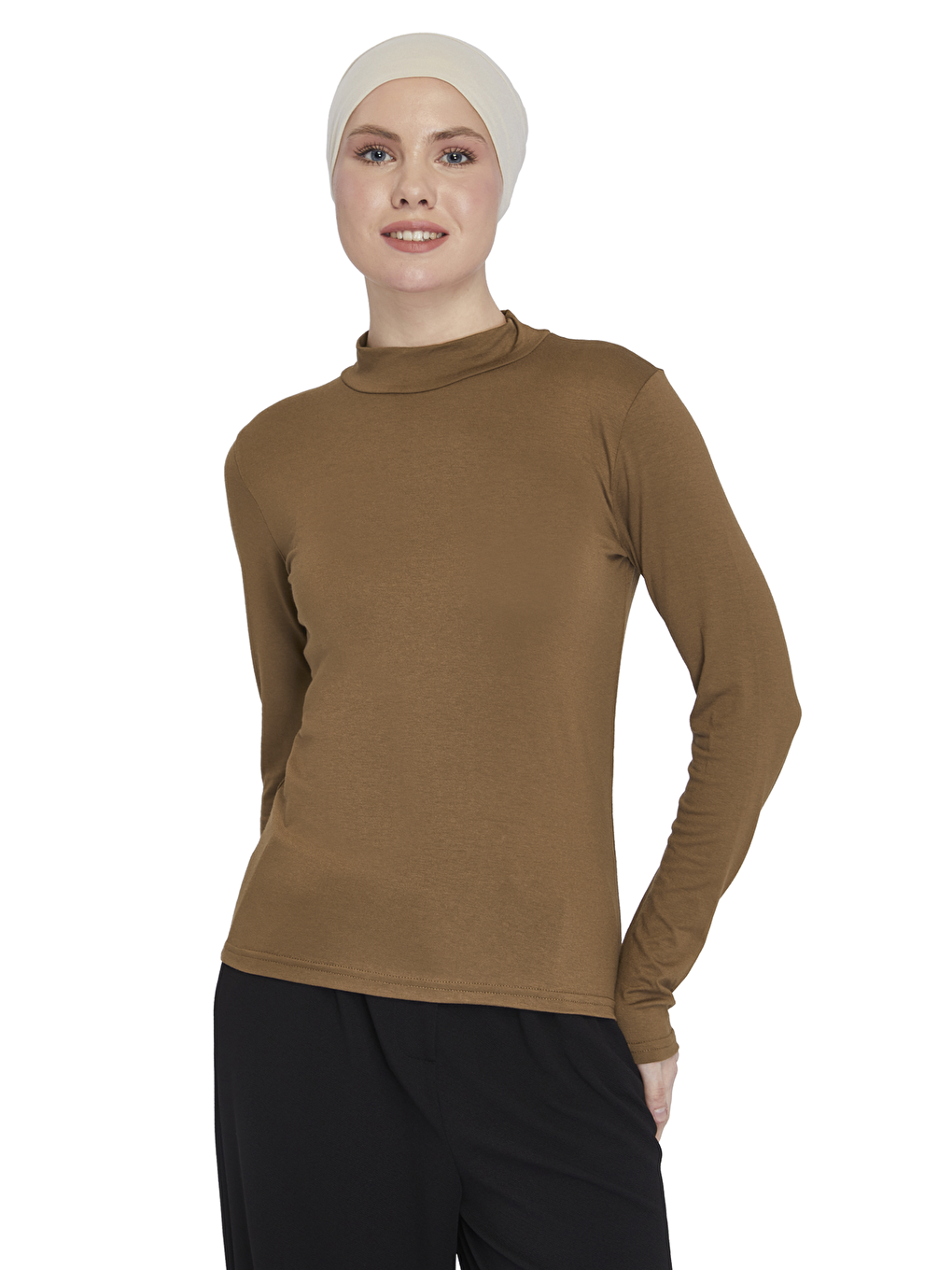 Kahverengi Kadın Organik Uzun Kollu Balıkçı Yakalı Body