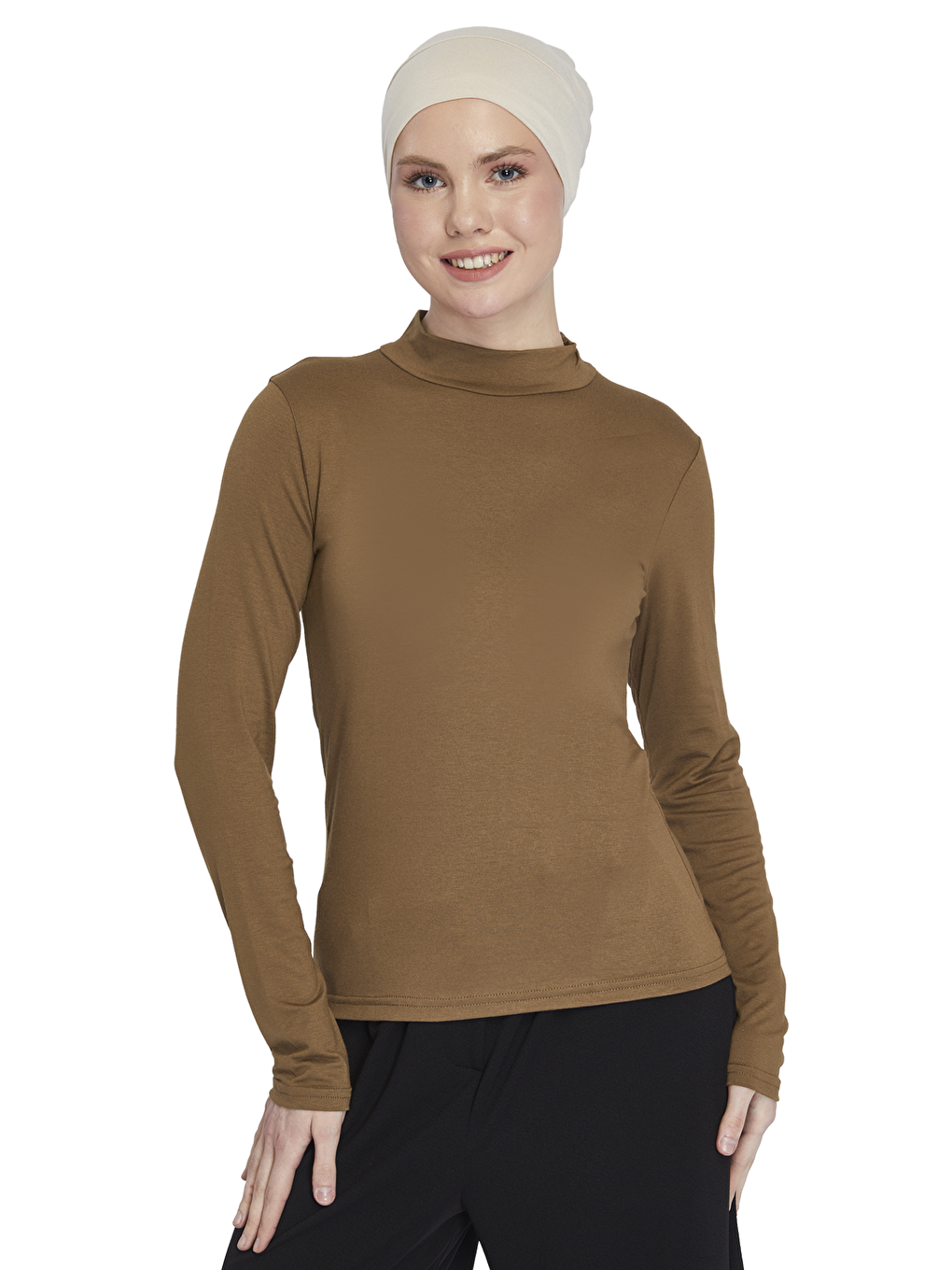 Kahverengi Kadın Organik Uzun Kollu Balıkçı Yakalı Body-1