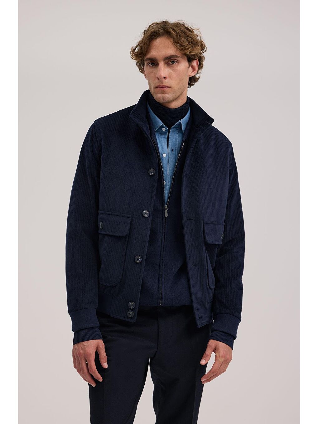 Lacivert Comfort Fit Hakim Yaka Kadife Mont