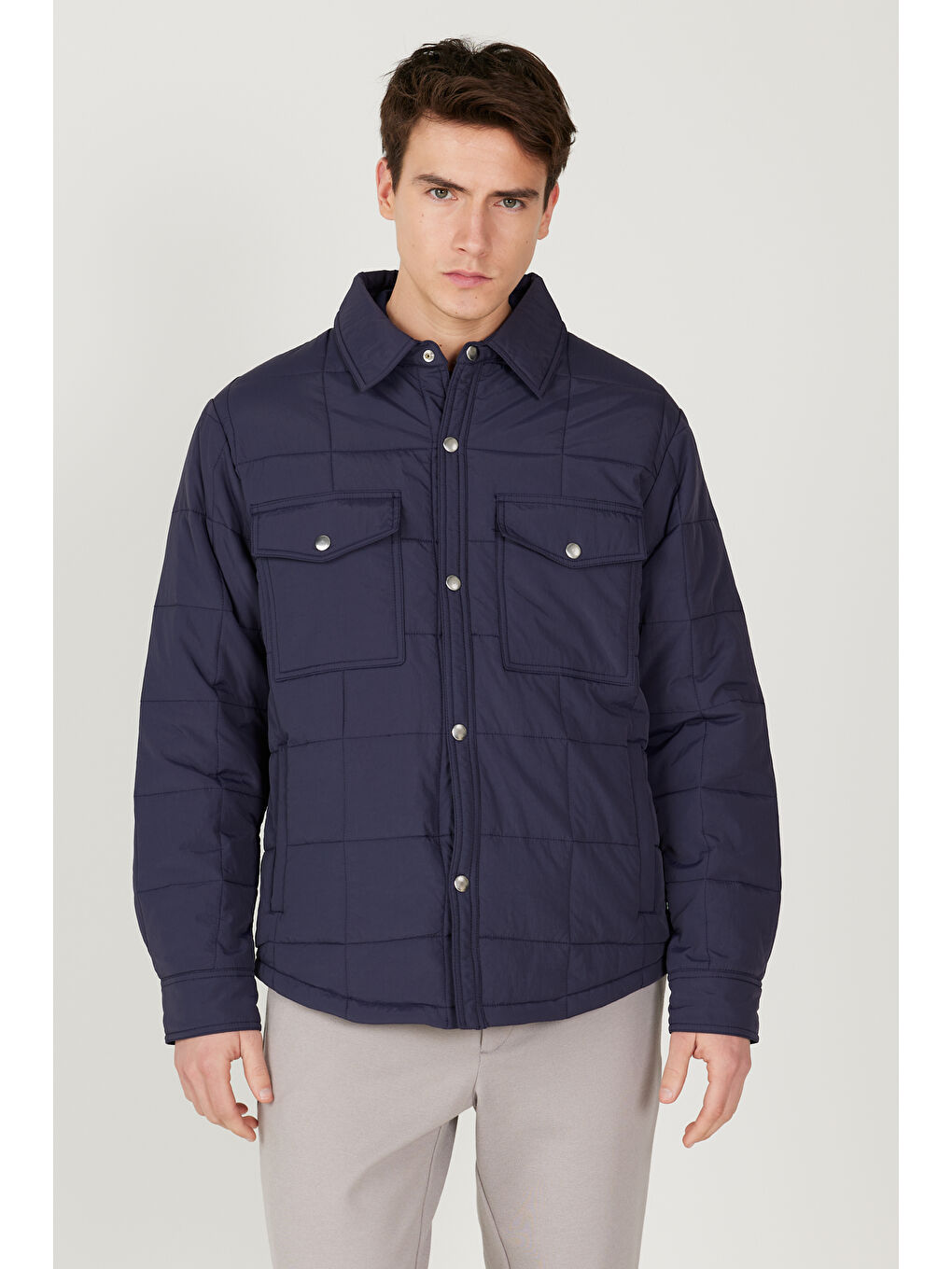 Erkek Lacivert Standart Fit Normal Kesim Gömlek Yaka Mont-4