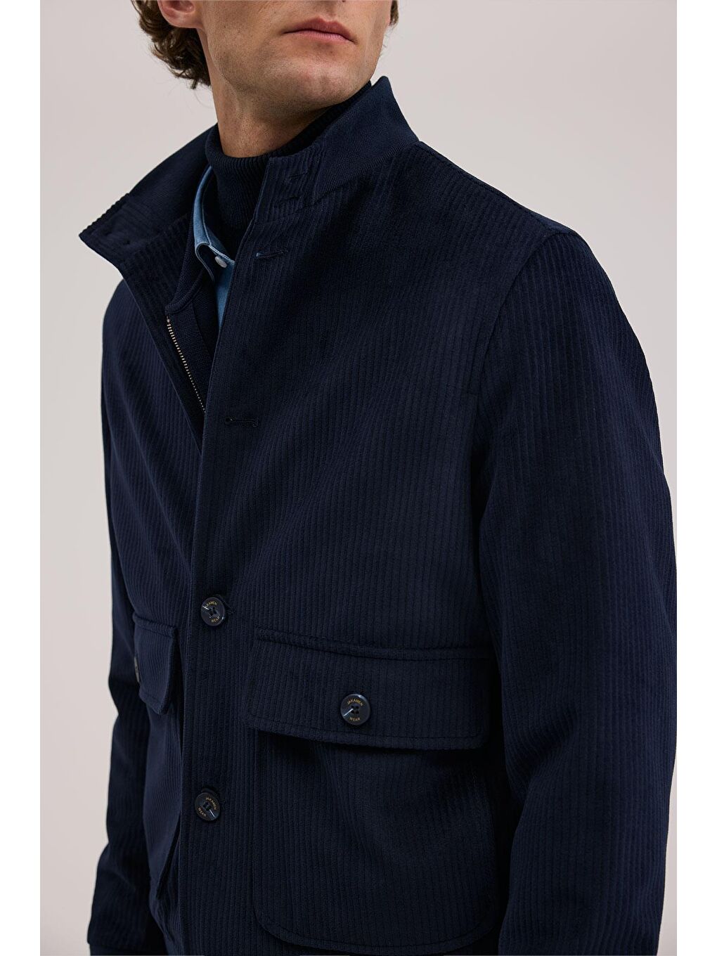 Lacivert Comfort Fit Hakim Yaka Kadife Mont-2