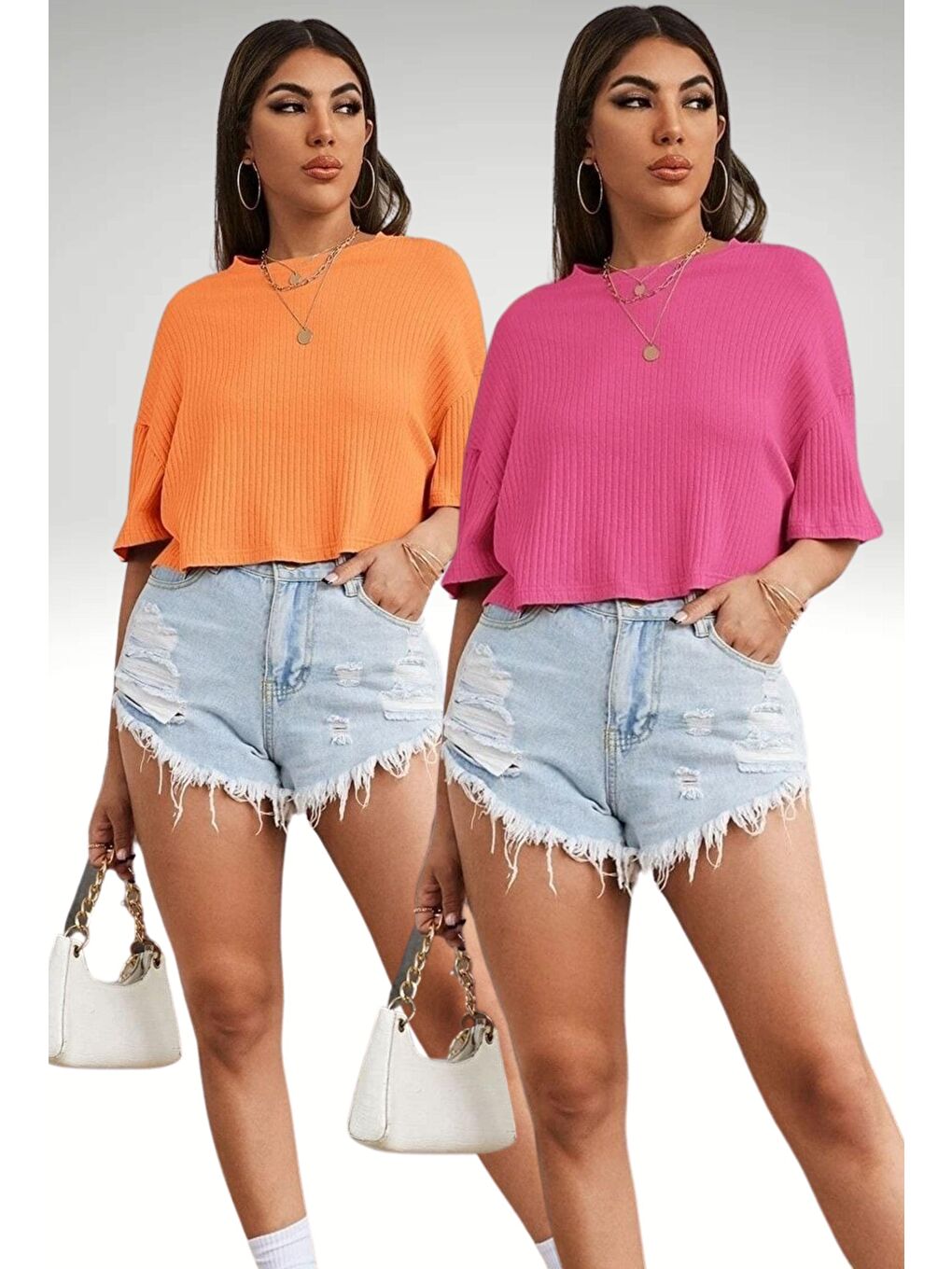 Trendseninle Pembe-Turuncu Kadın Pembe Turuncu Oversize Fitilli Bel Crop Bluz 2Li Set