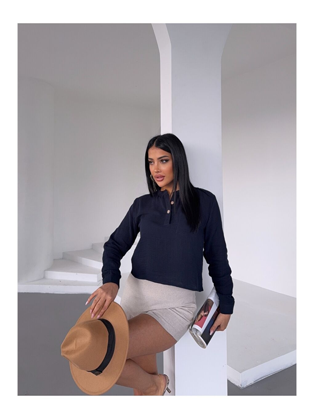 Hakim Yaka Müslin Gömlek Bluz Lacivert