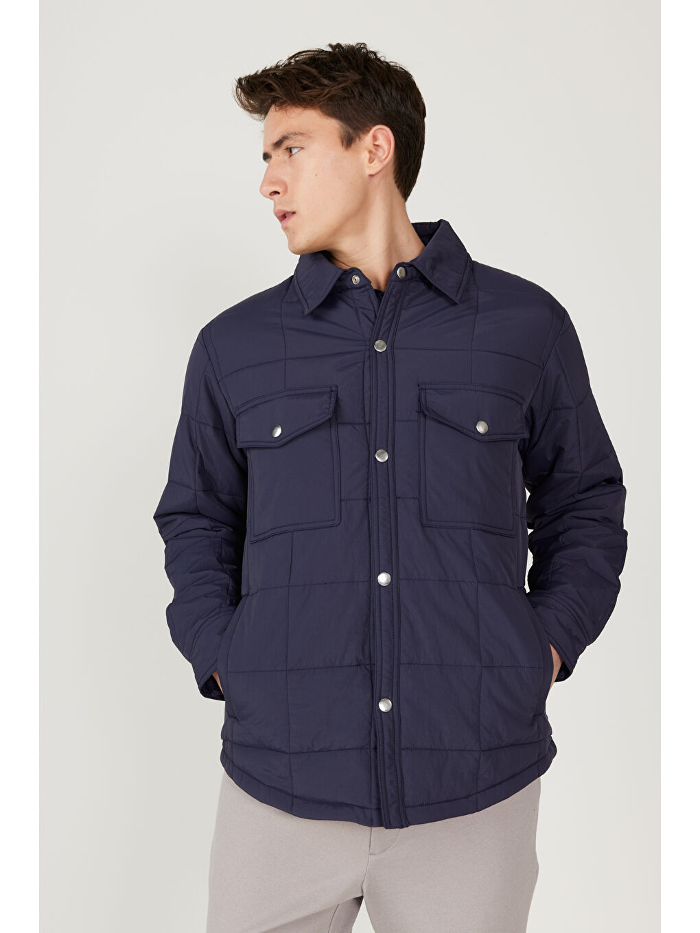 Erkek Lacivert Standart Fit Normal Kesim Gömlek Yaka Mont-5