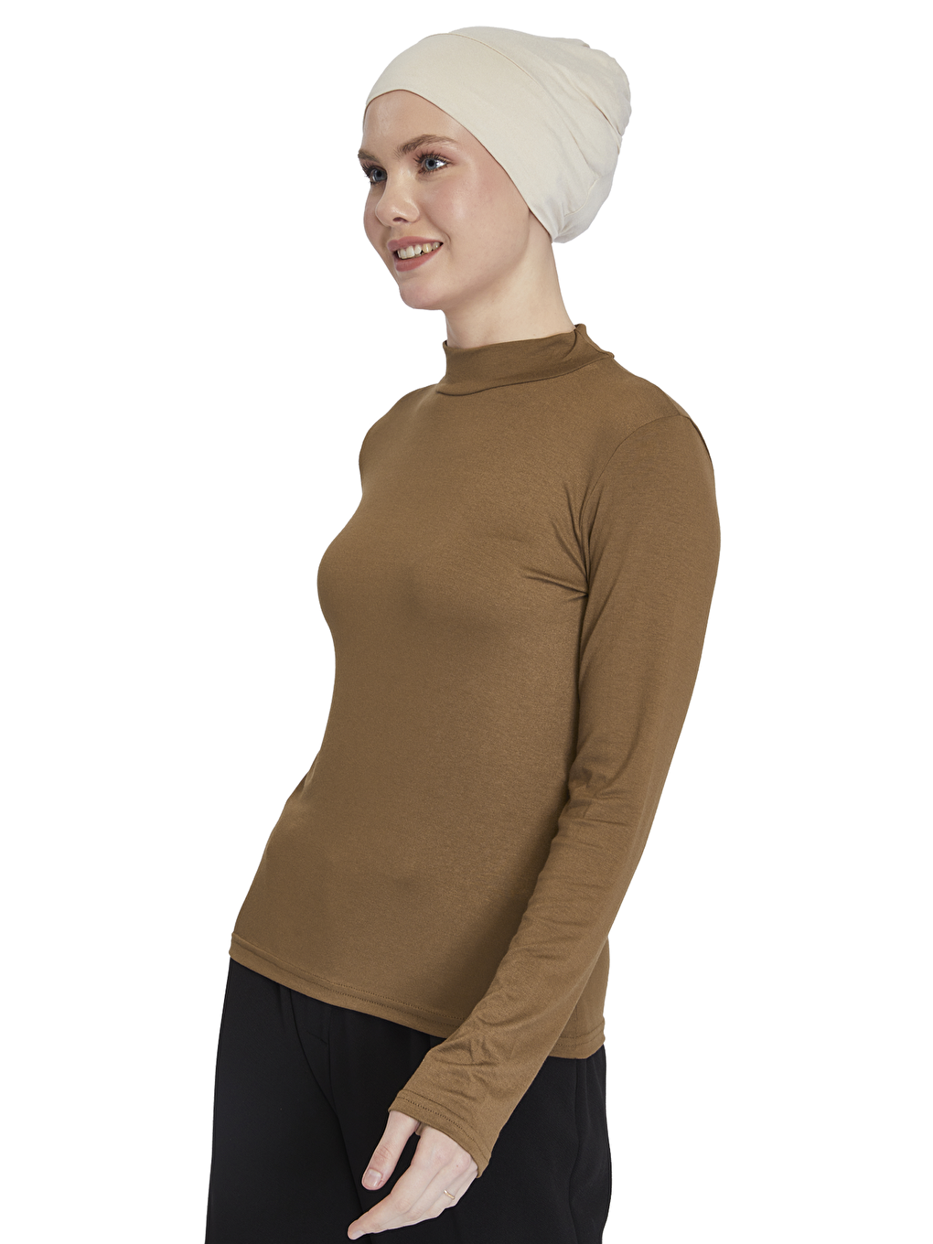 Kahverengi Kadın Organik Uzun Kollu Balıkçı Yakalı Body-3