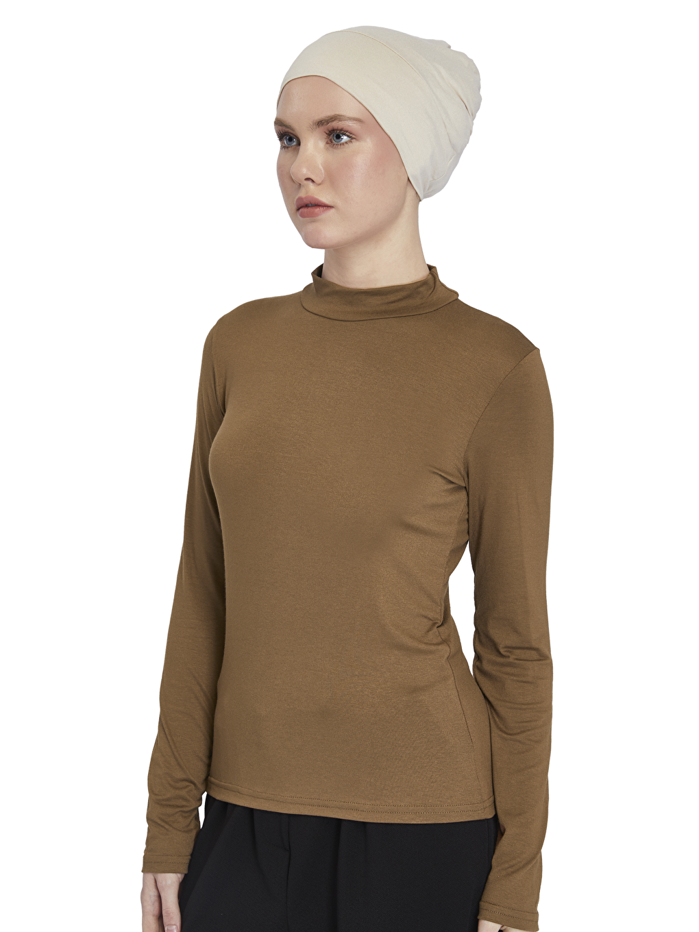 Kahverengi Kadın Organik Uzun Kollu Balıkçı Yakalı Body-4