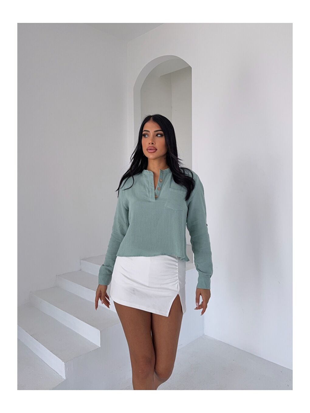 Hakim Yaka Müslin Gömlek Bluz Yeşil-1
