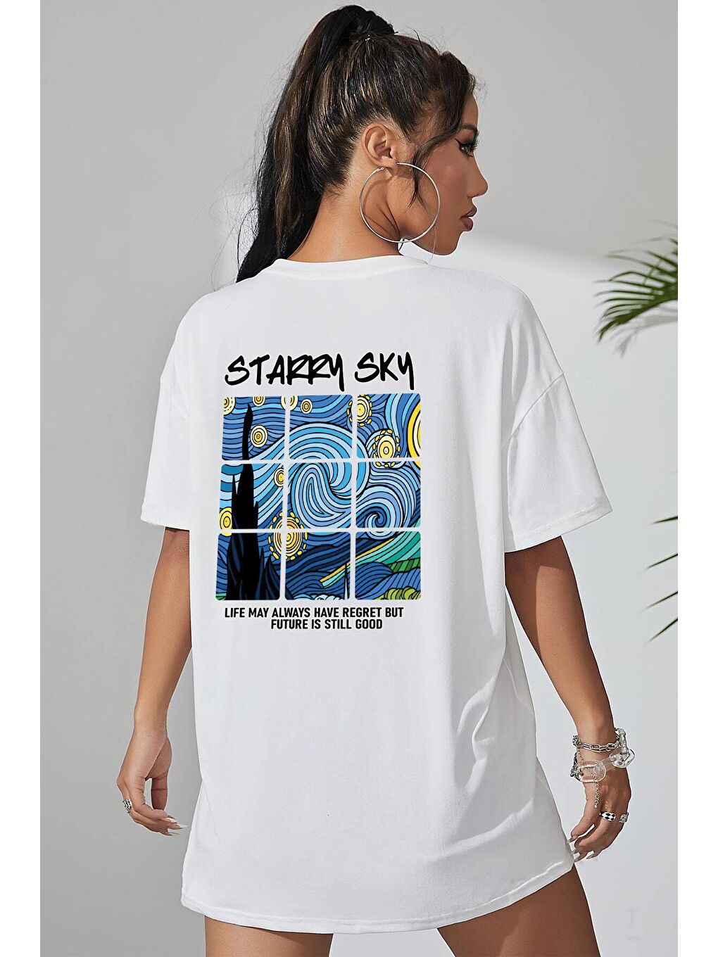 uyguntarz Beyaz Starry Sky Baskılı Unisex Oversize Tshirt - 1