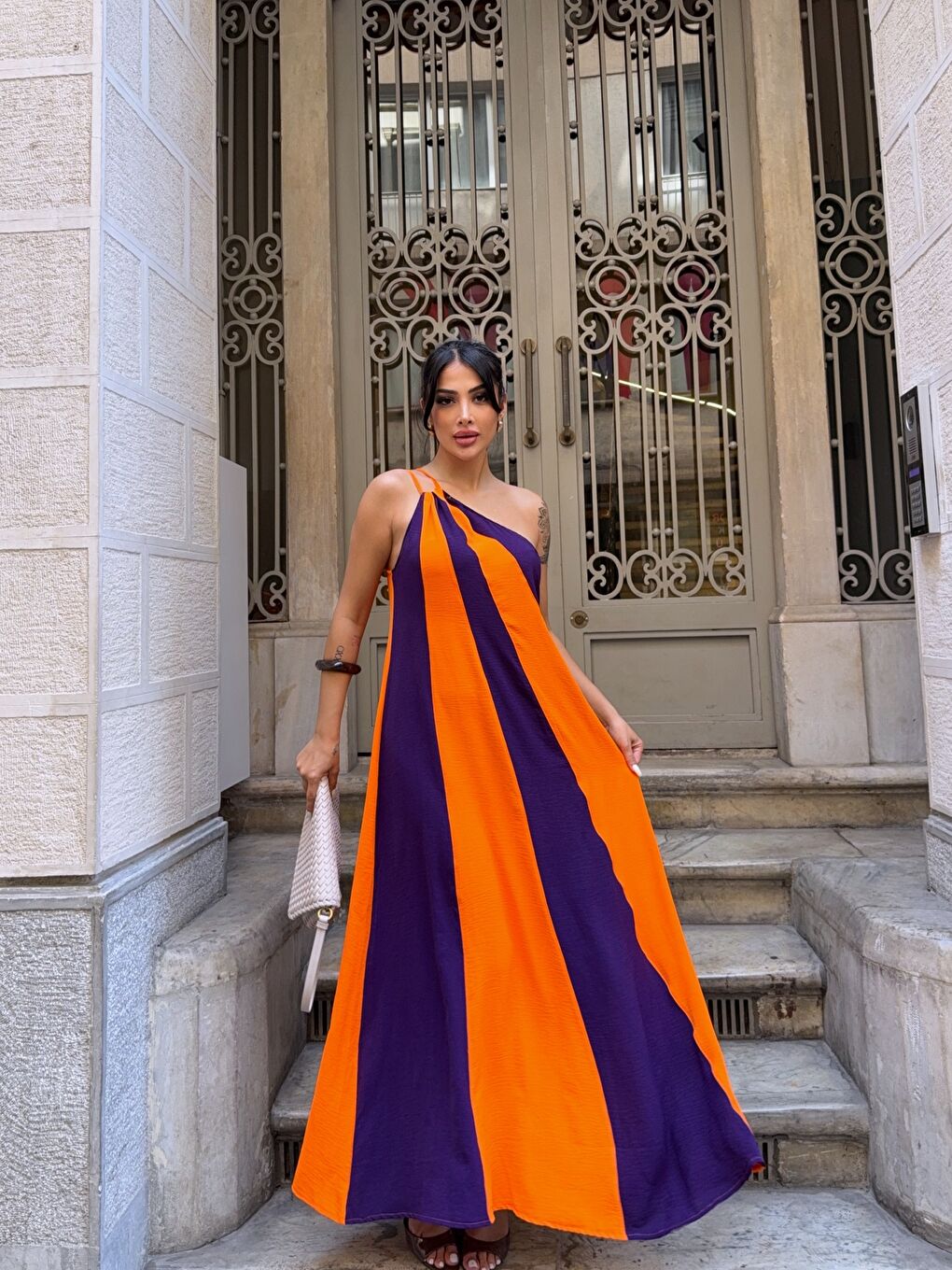 Parça Bloklu Omuz Detay Elbise Siyah Turuncu-3