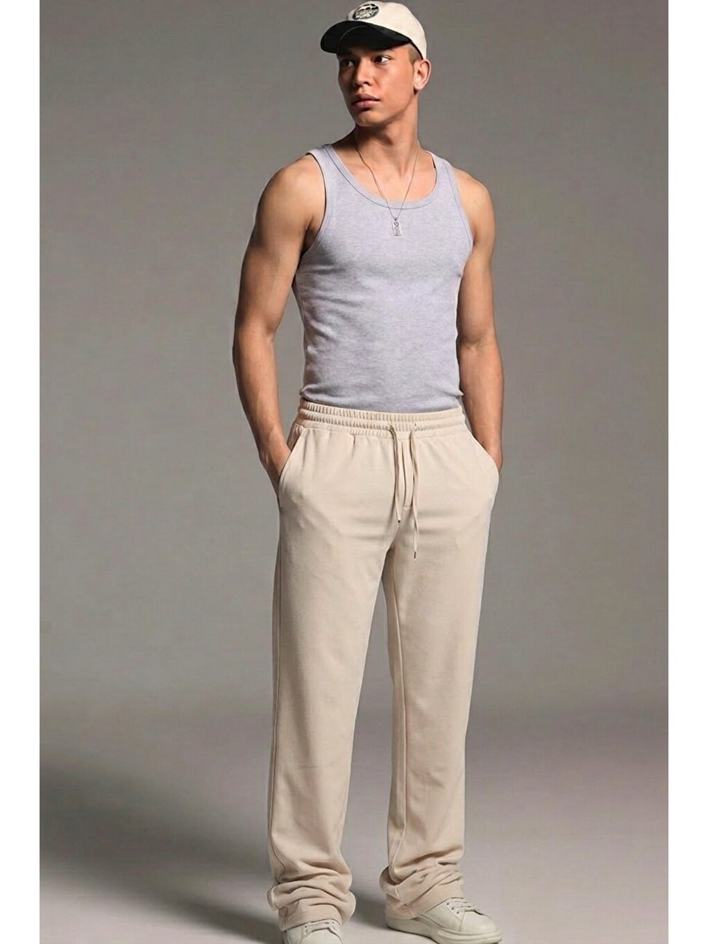 Ekru Erkek Esnek Casual Krem Baggy Pantolon