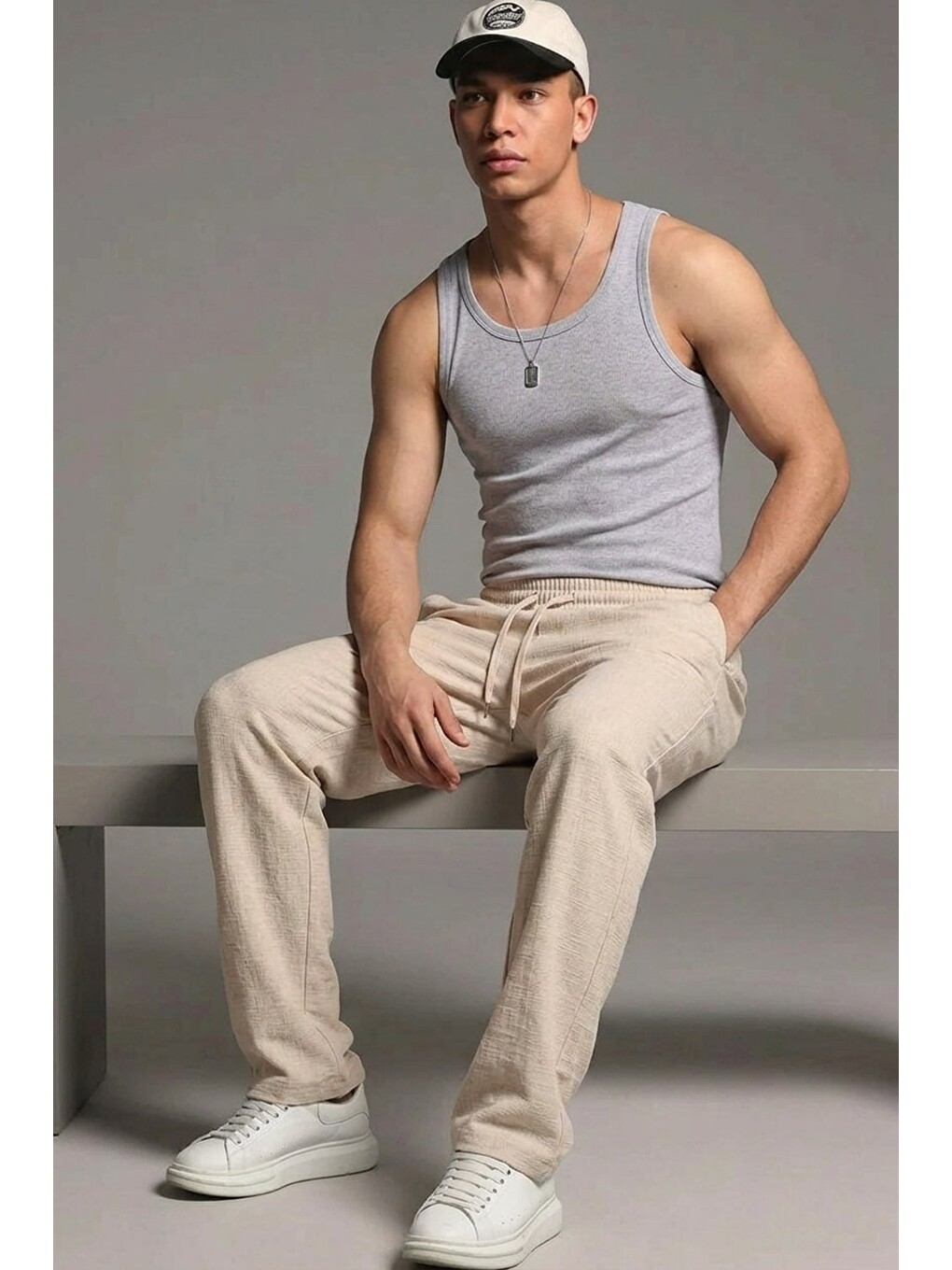 Ekru Erkek Esnek Casual Krem Baggy Pantolon-1