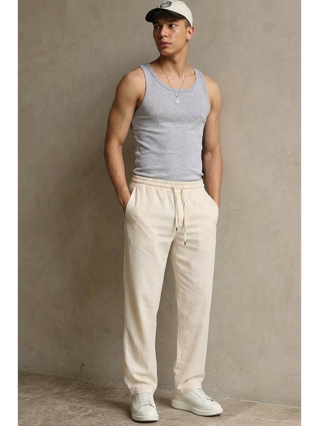 Ekru Erkek Esnek Casual Krem Baggy Pantolon-2