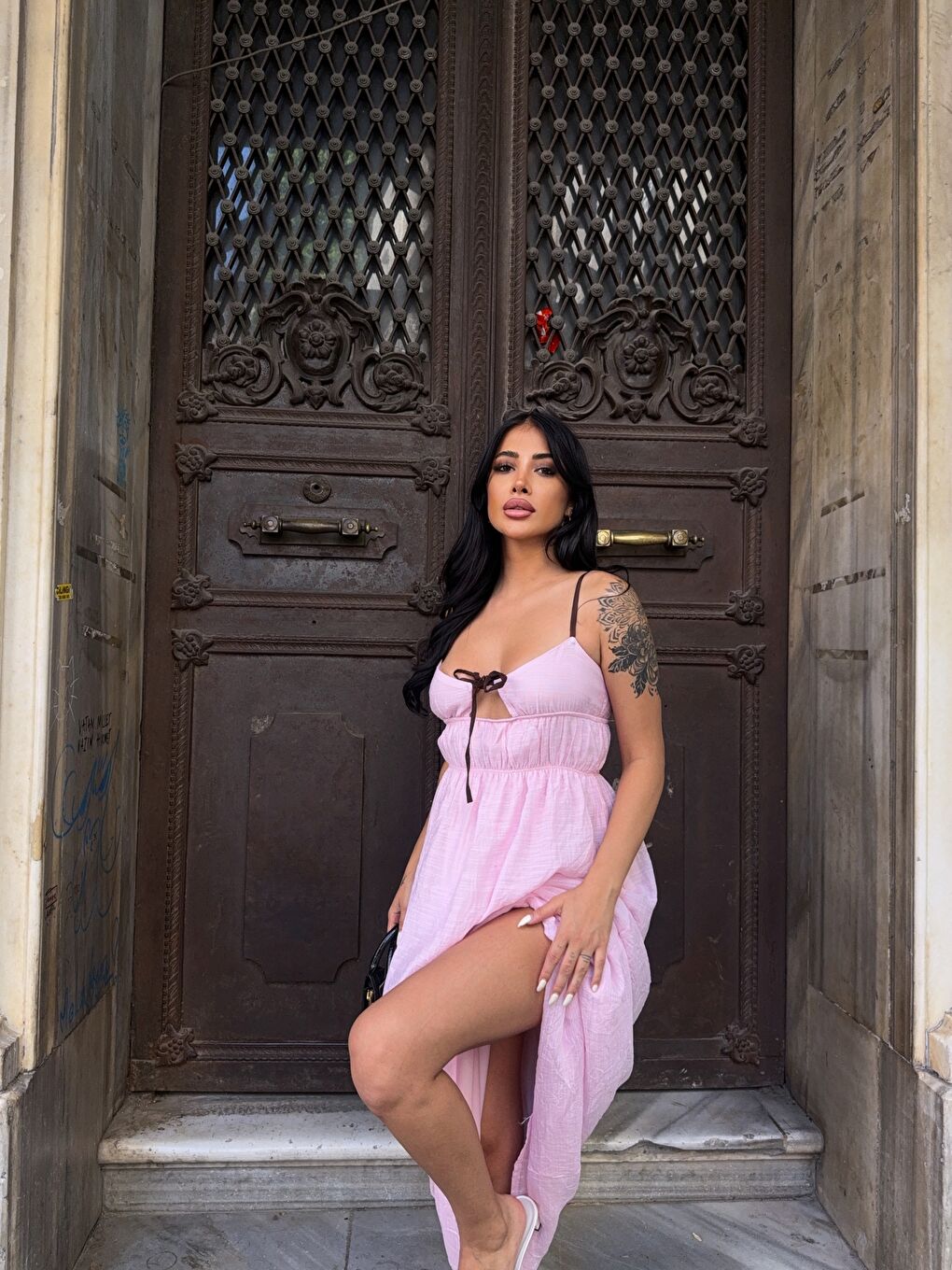 Askılı Göğüs Bağlama Detay Keten Elbise Pembe-4